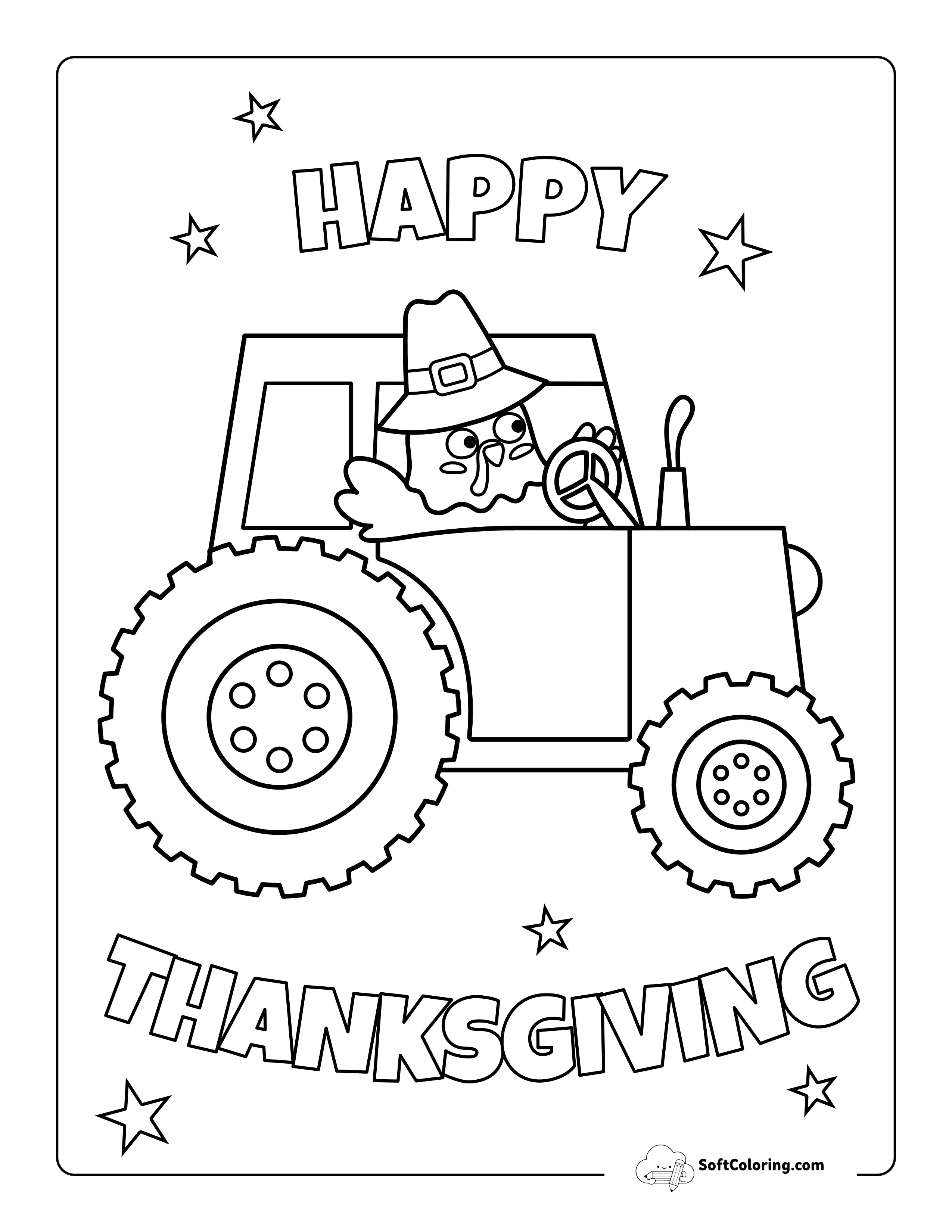 "Happy Thanksgiving" Turkey Driving Tractor Picture To Color