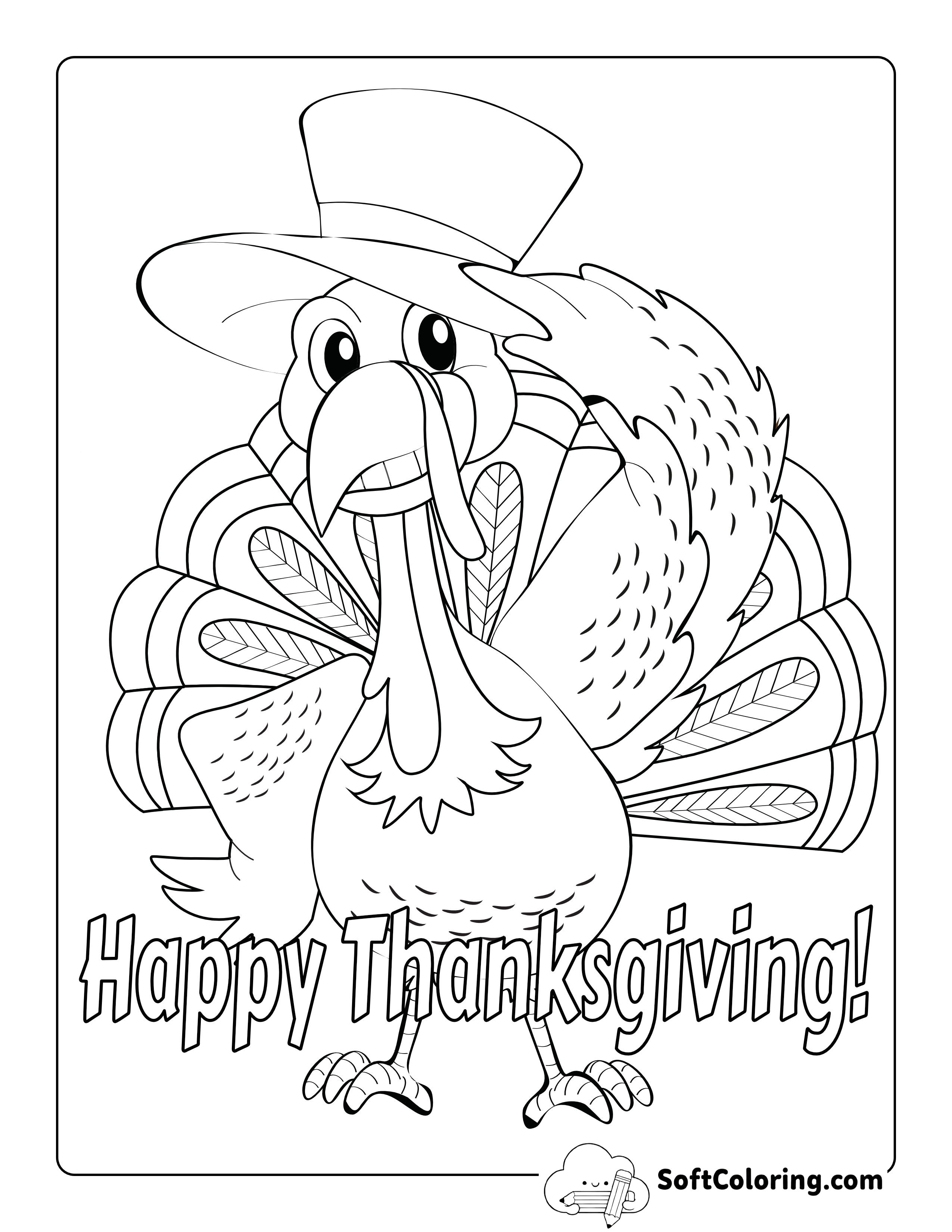 "Happy Thanksgiving" Turkey Wearing Hat Picture to Color