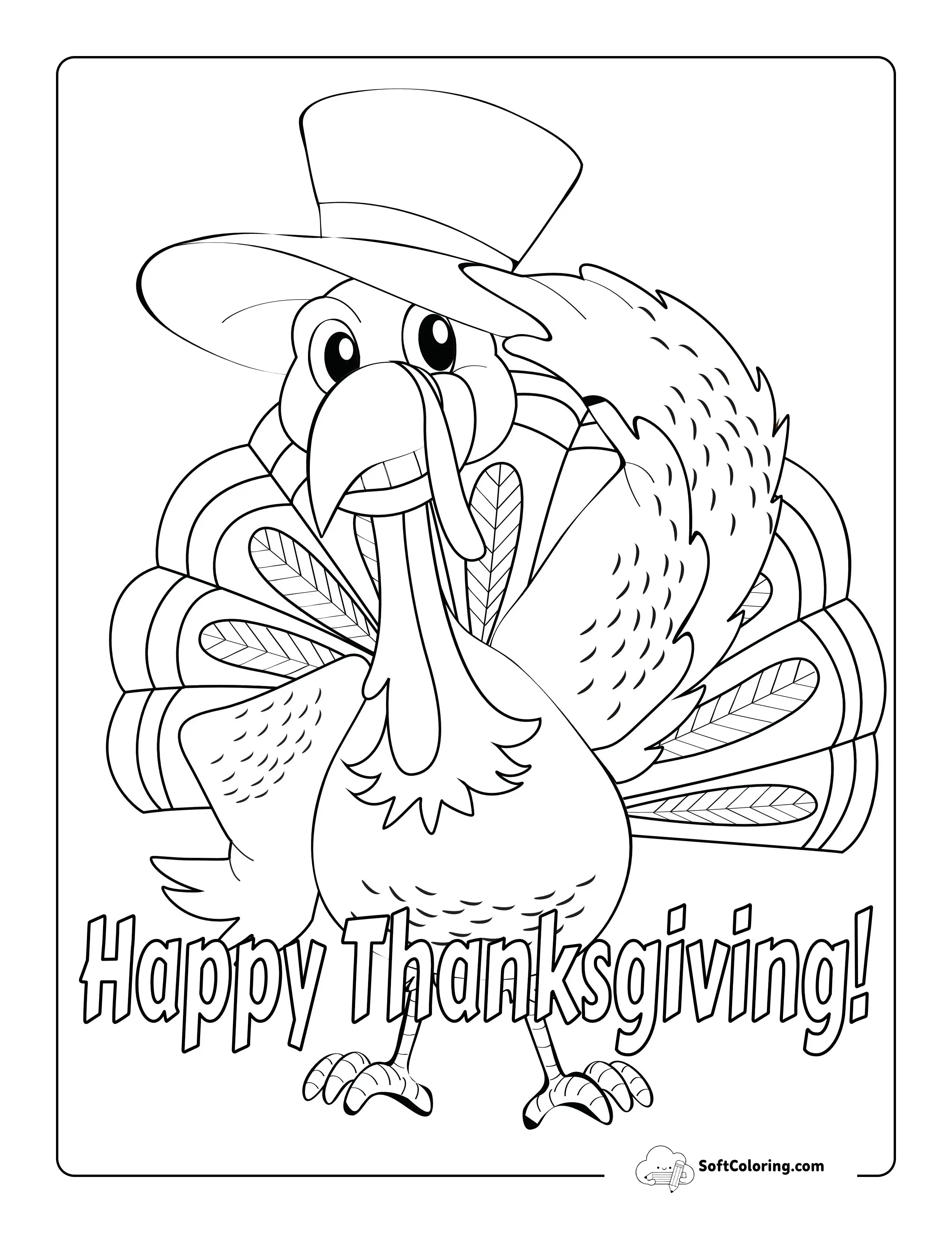 "Happy Thanksgiving" Turkey Wearing Hat Picture To Color