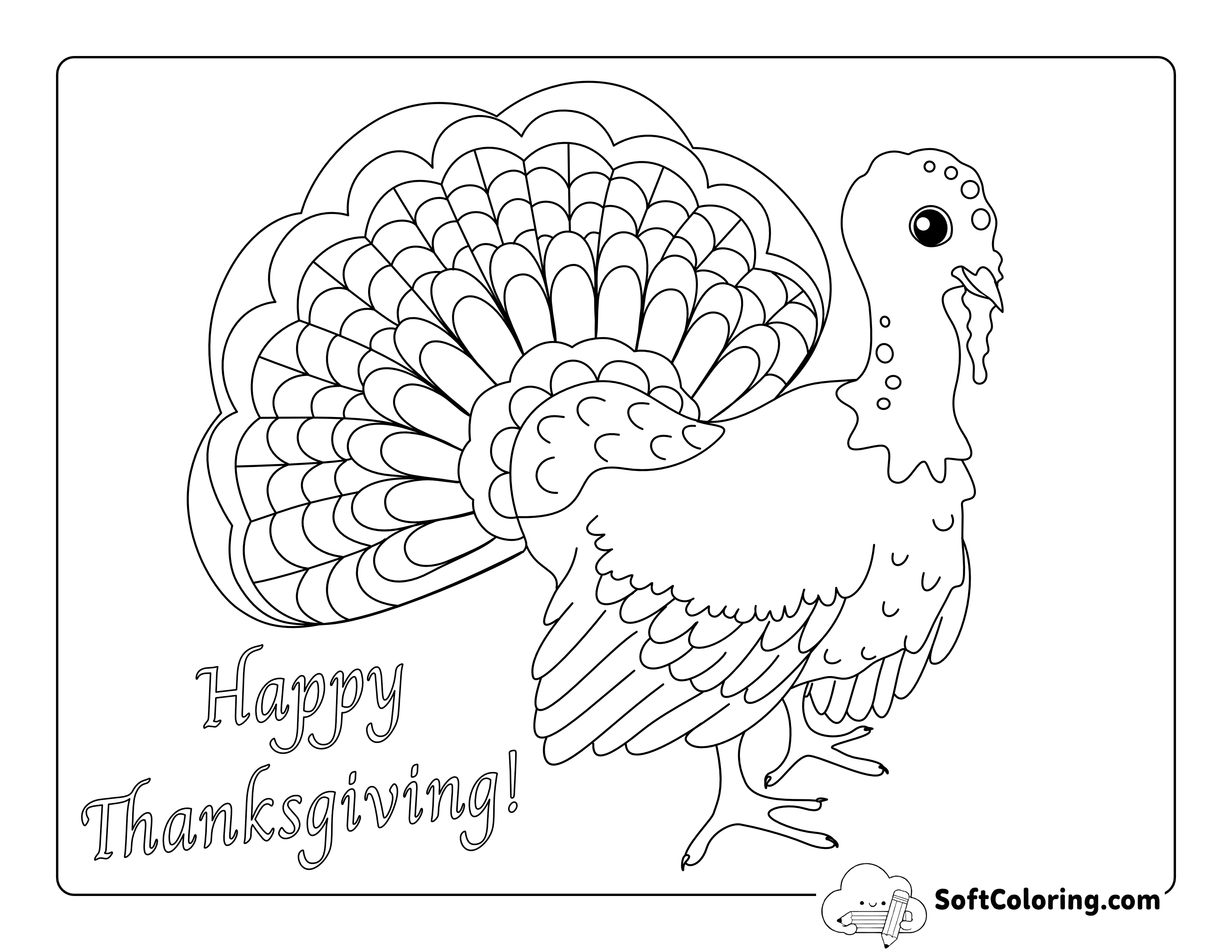 "Happy Thanksgiving" Turkey with Fanned Feathers to Color