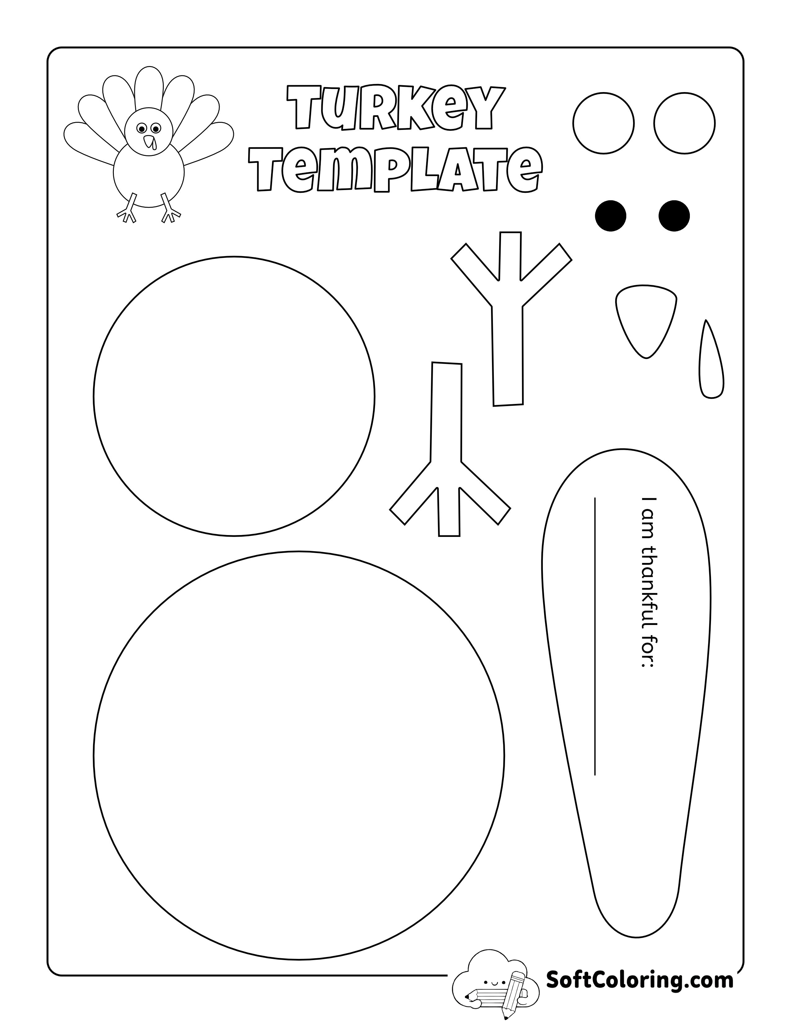 Style 1: "I Am Thankful For" Free Turkey Template Worksheet