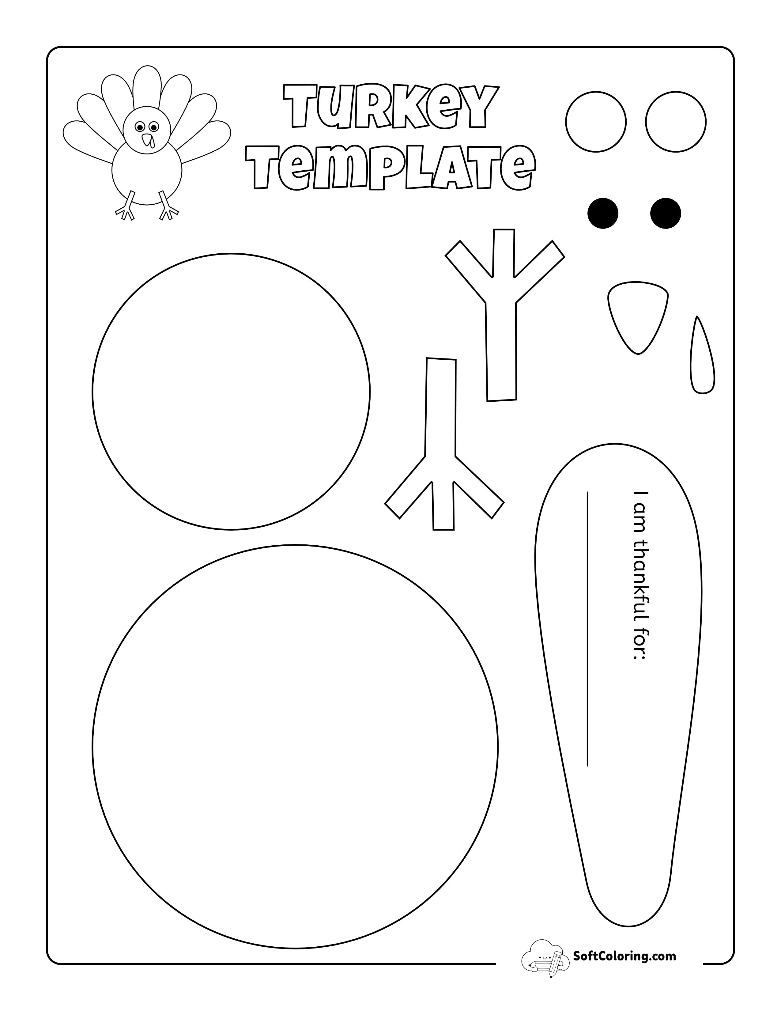 Style 1: "I Am Thankful For" Free Turkey Template Worksheet