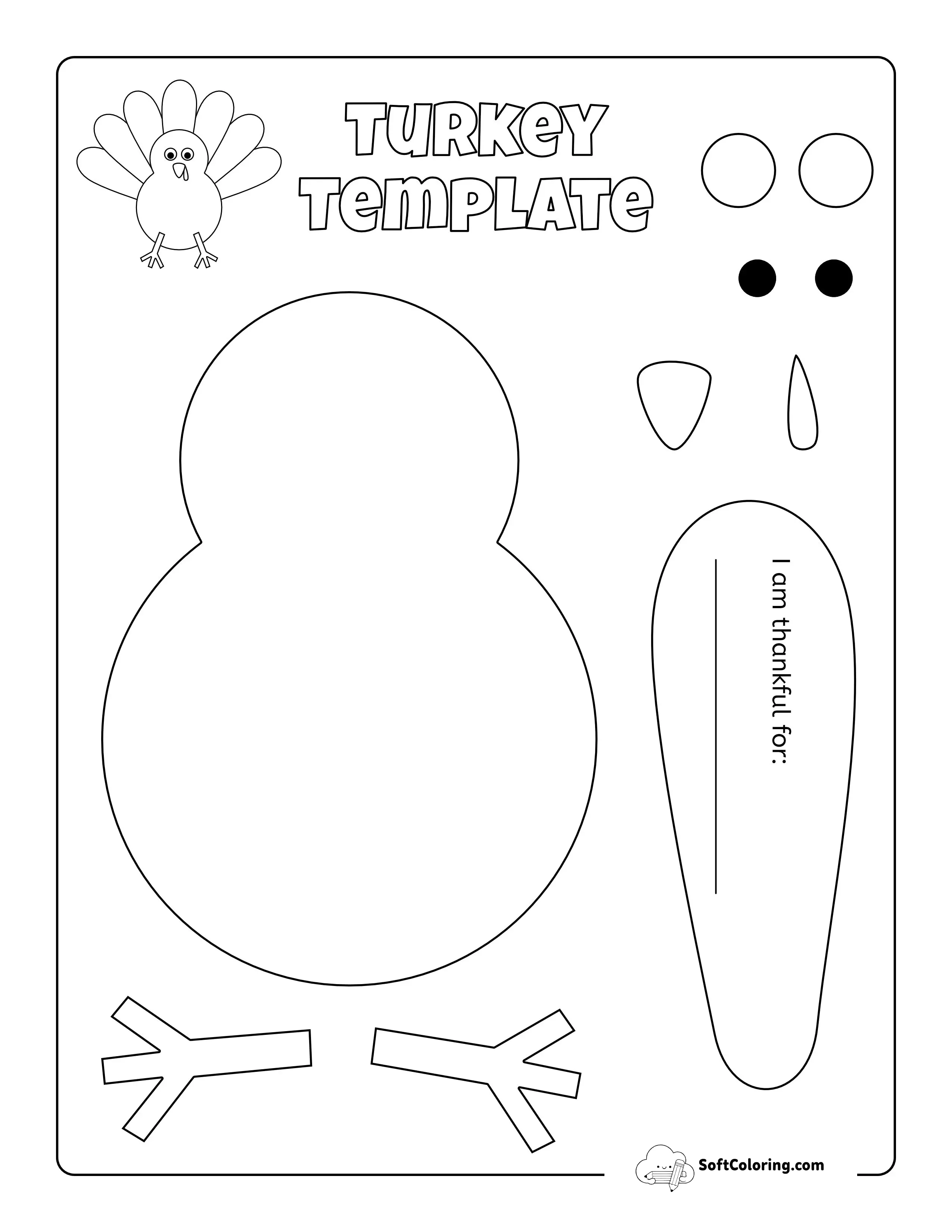 Style 2: "I Am Thankful For" Free Turkey Template Worksheet