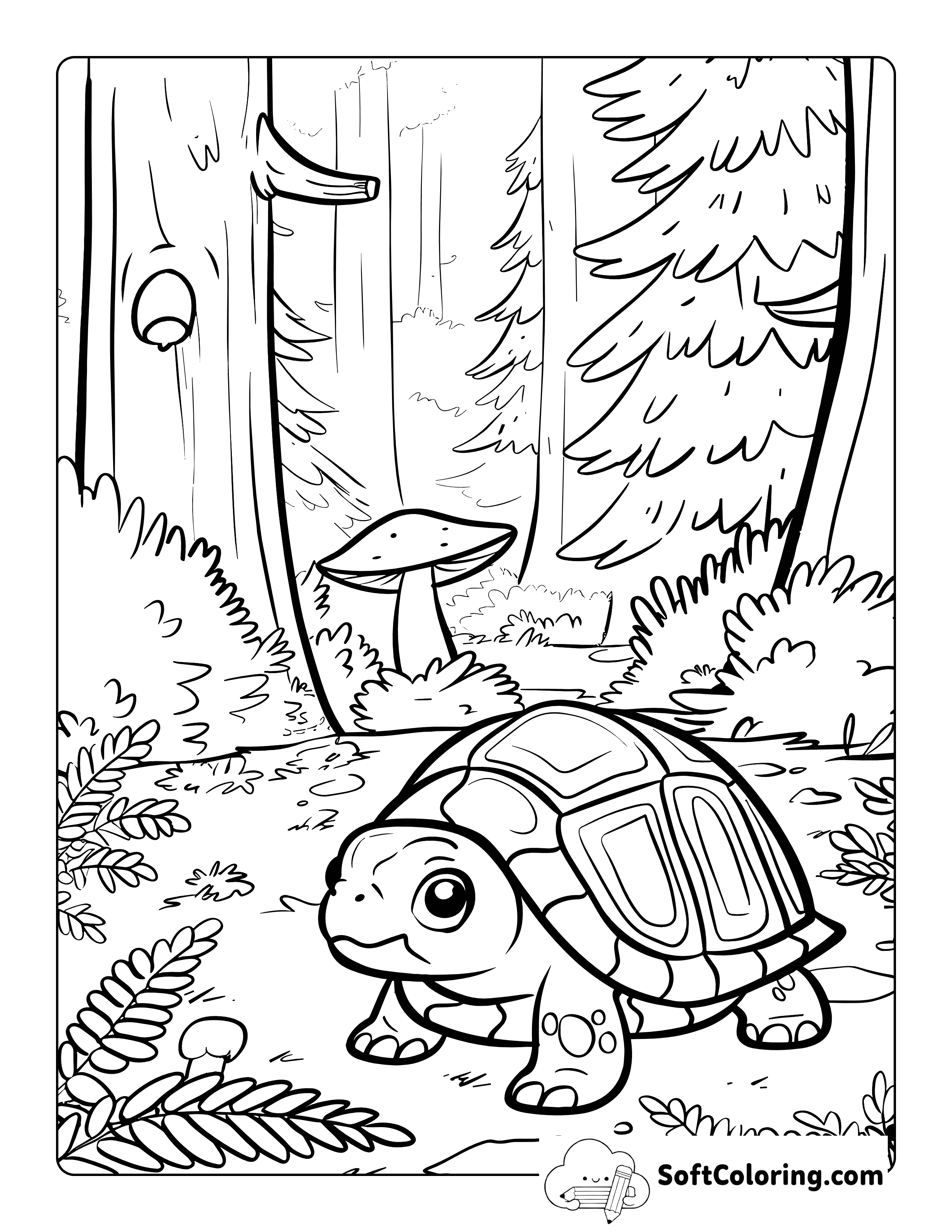 Detailed, Cute Turtle Coloring Page in Forest