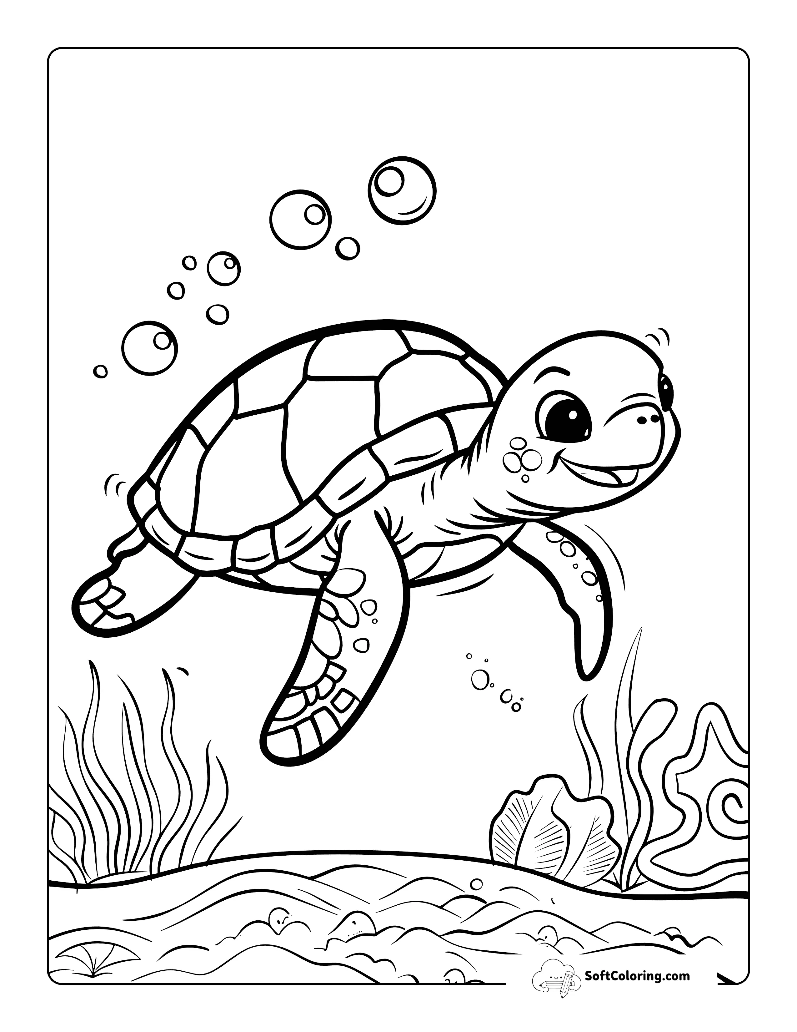 Easy Swimming Sea Turtle Coloring Page