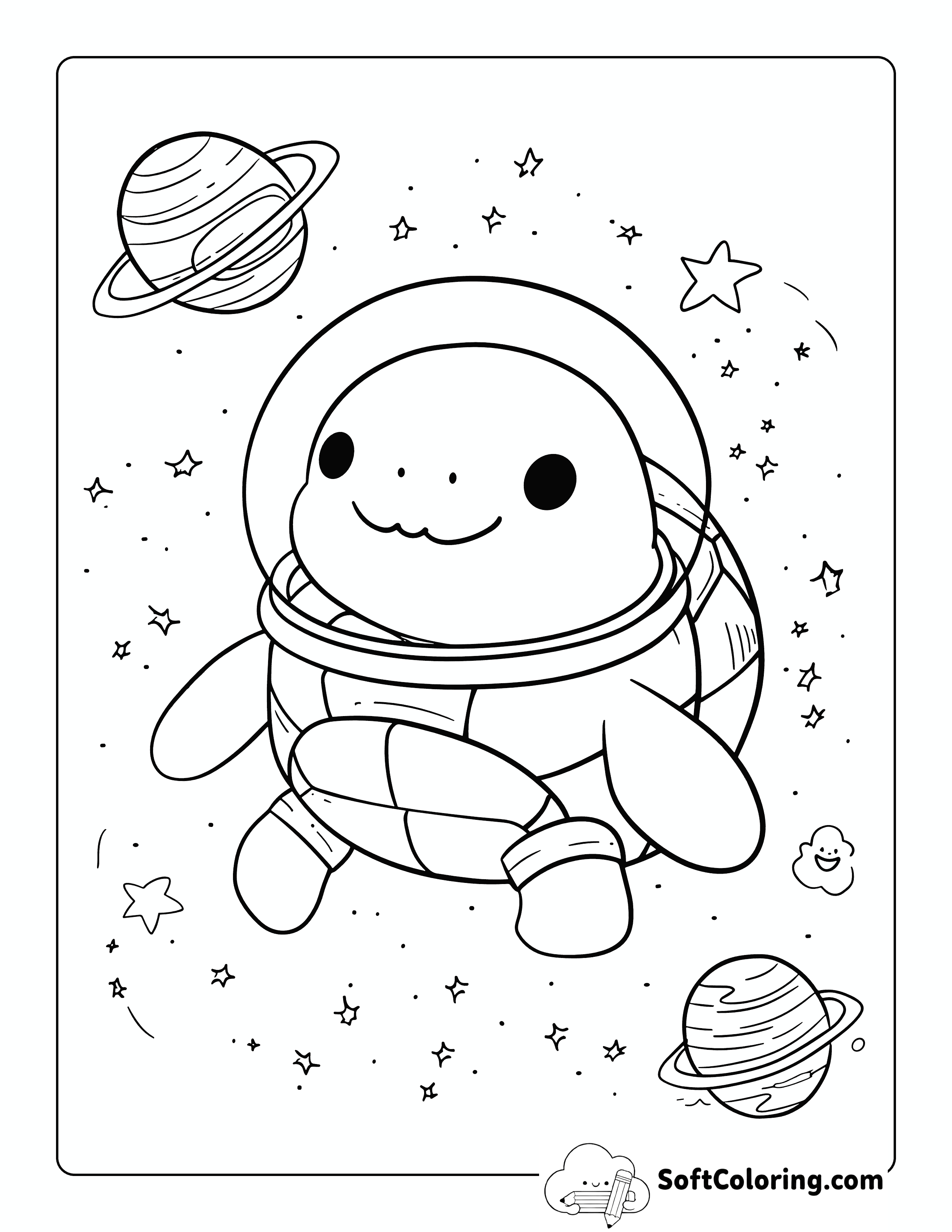 Astronaut Kawaii Turtle Coloring Page