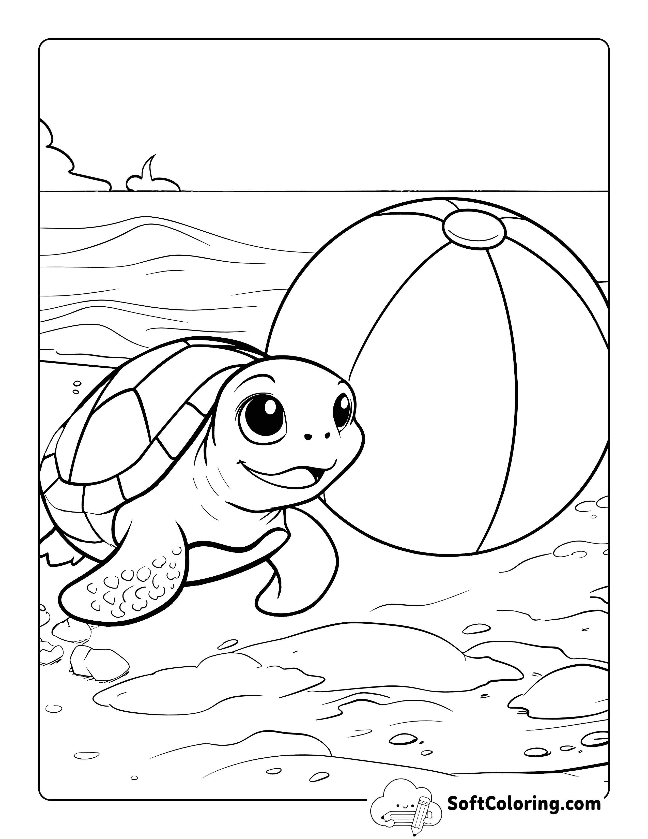 Cute Baby Turtle Beach Ball and Ocean Printable to Color