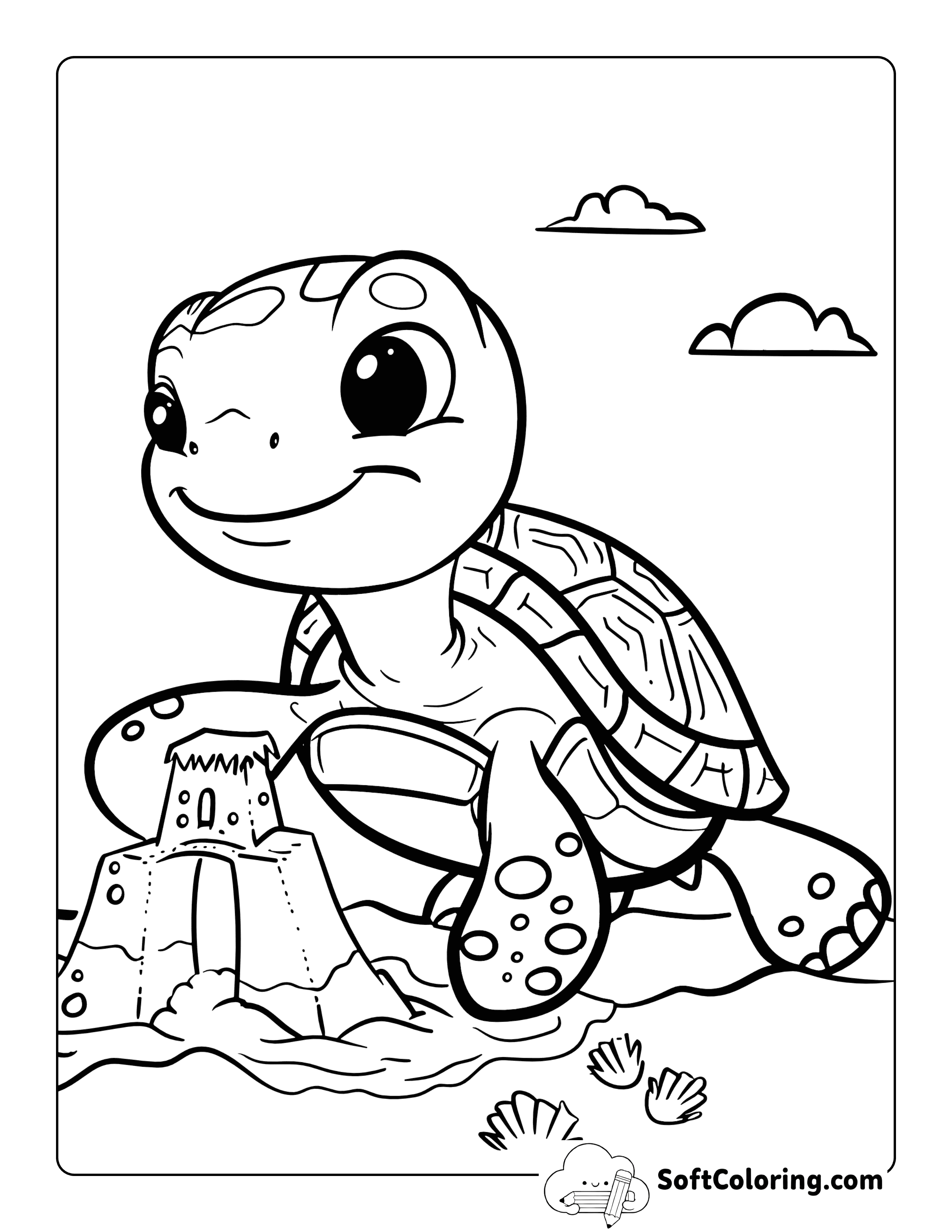 Cute Baby Turtle Building a Sandcastle Coloring Page for Kids