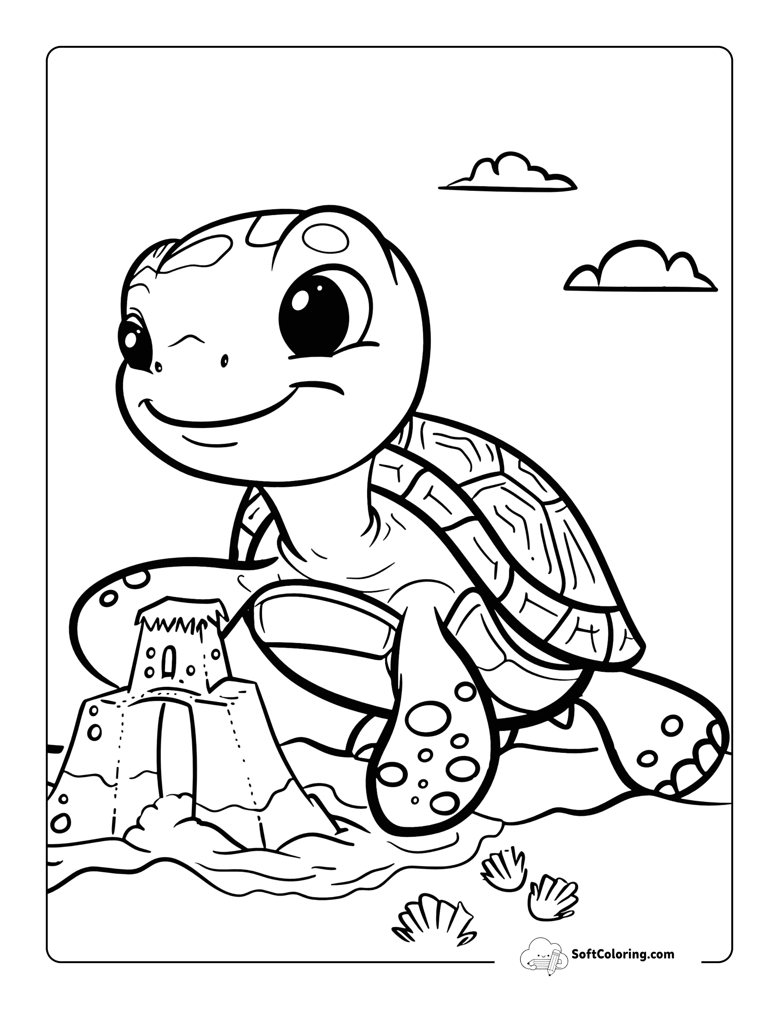 Cute Baby Turtle Building A Sandcastle Coloring Page For Kids