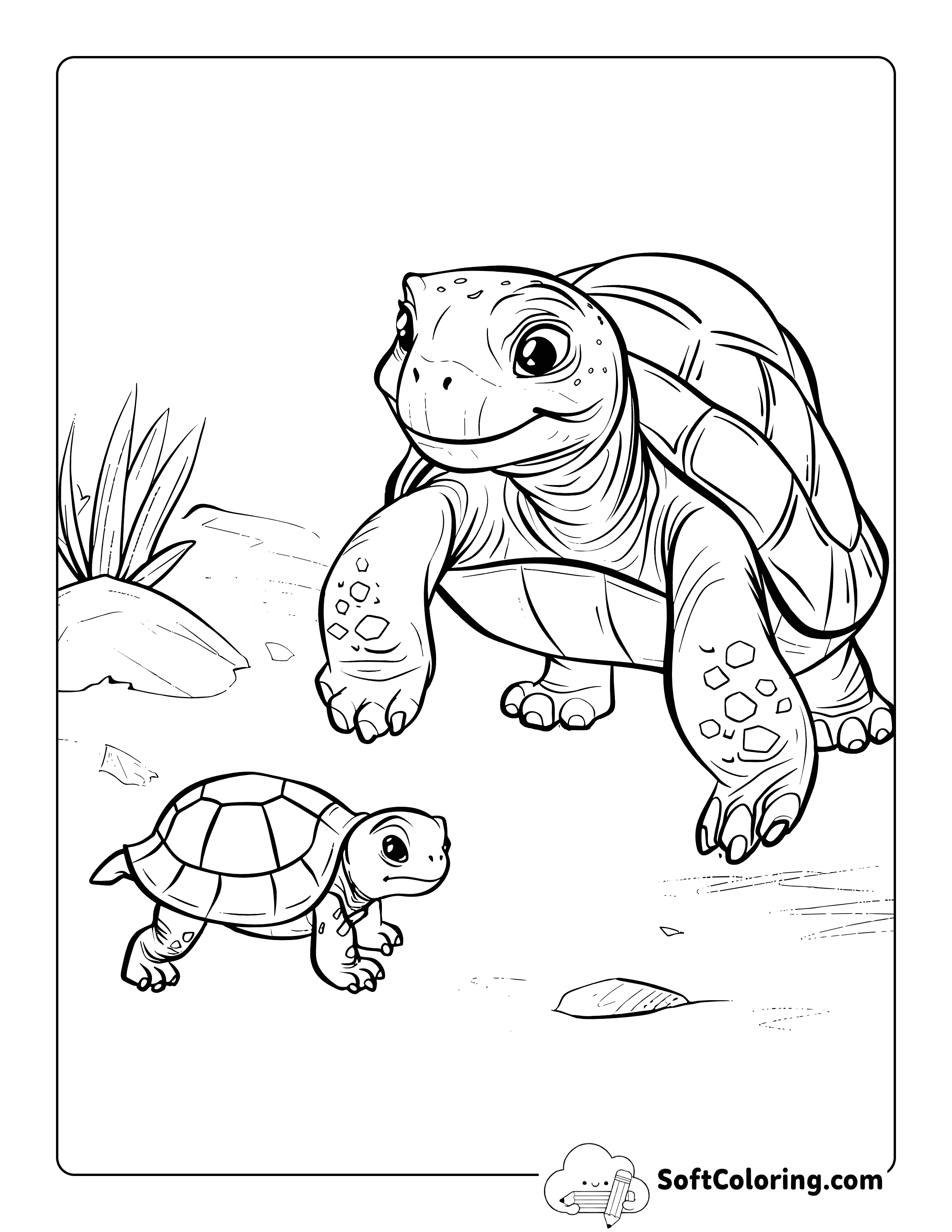 Realistic Older Turtle and Baby Turtle Coloring Sheet