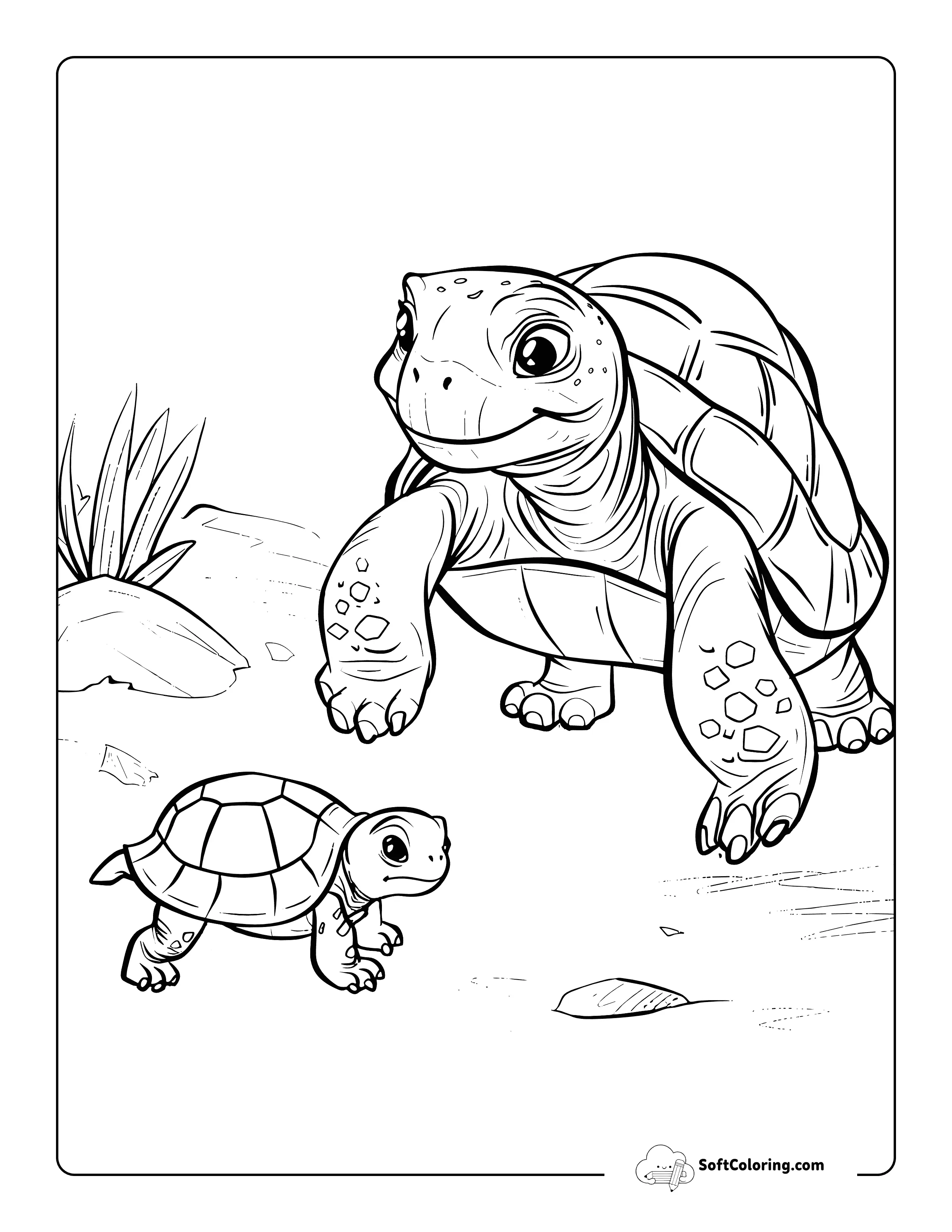 Realistic Older Turtle And Baby Turtle Coloring Sheet