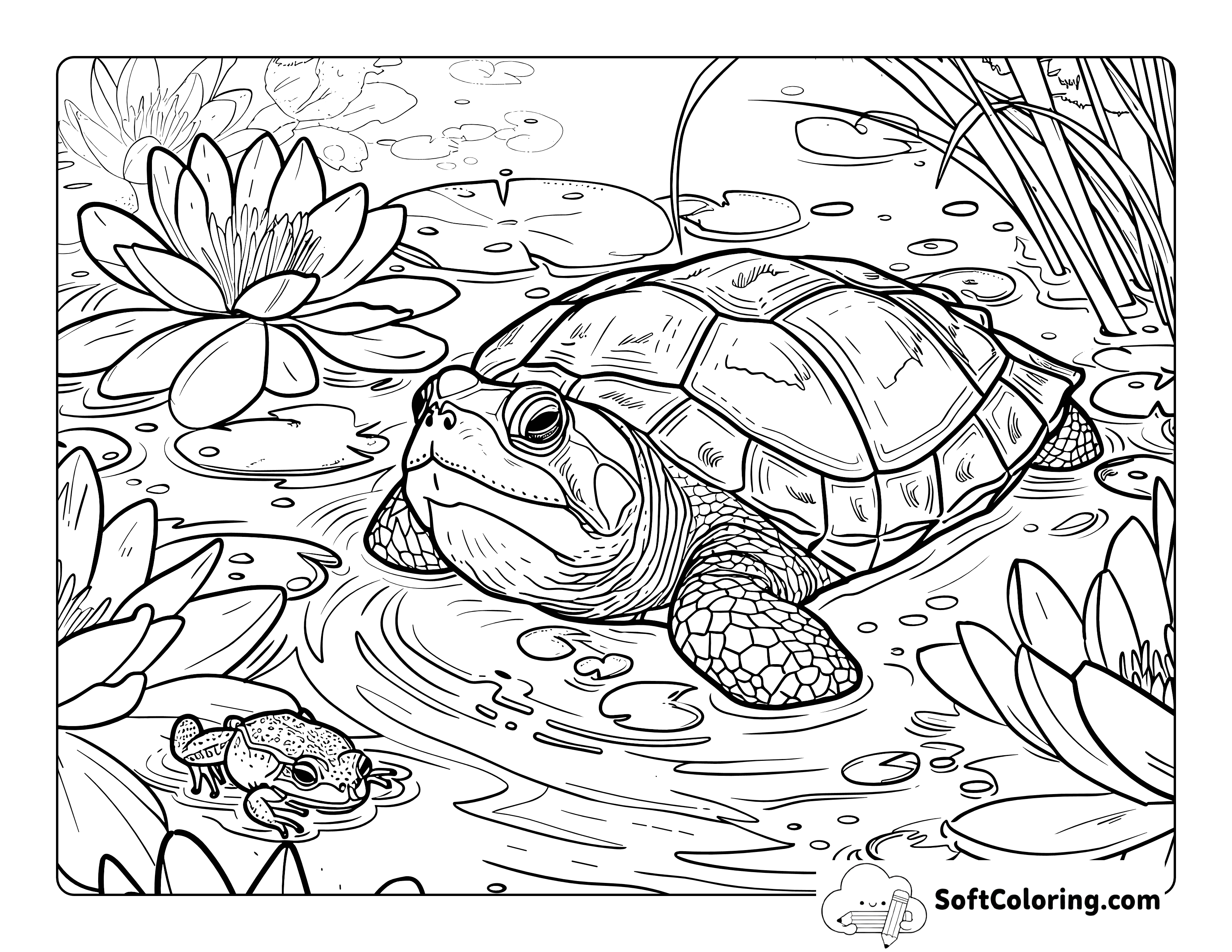 Realistic Turtle Coloring Page in Pond for Adults