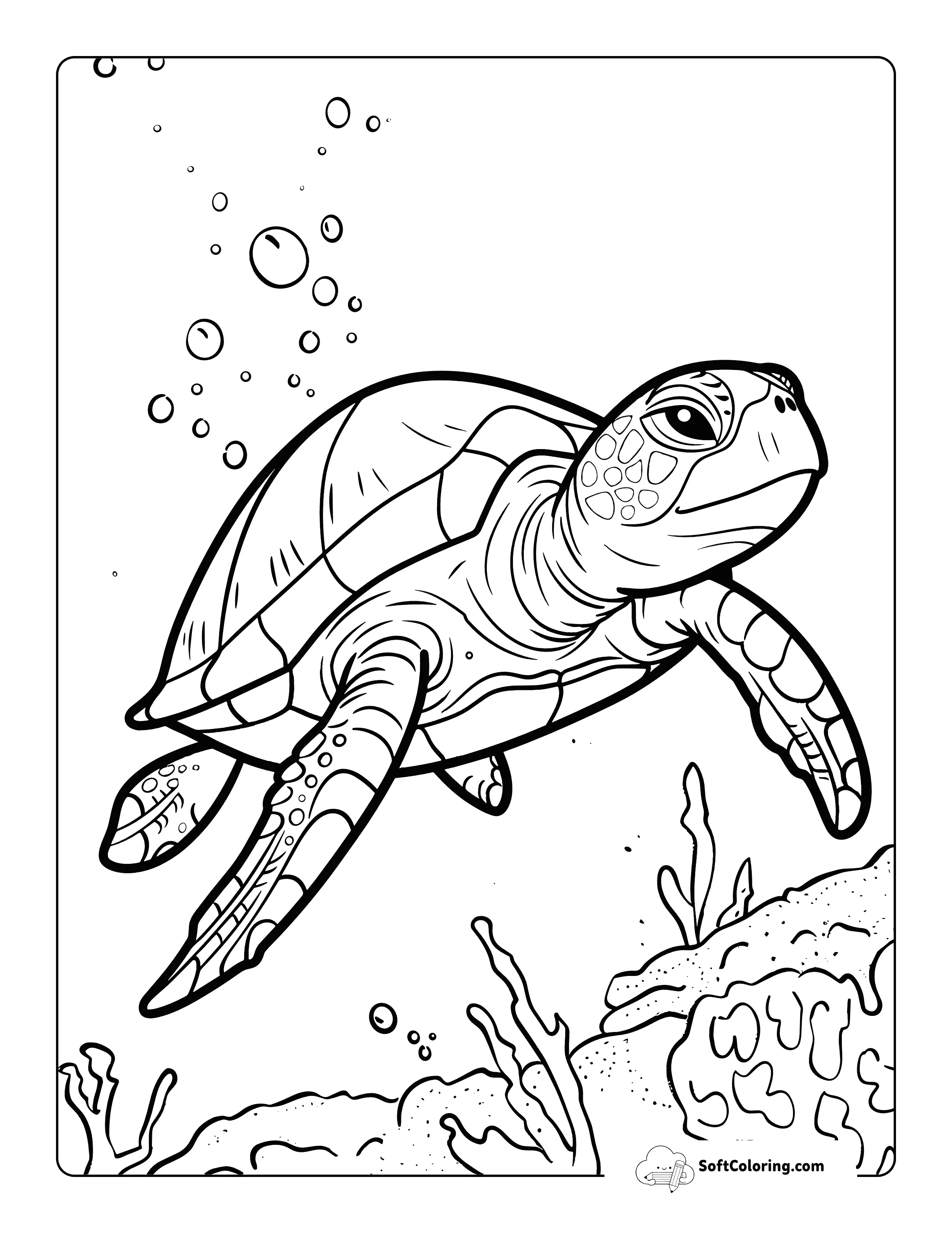 Swimming Realistic Sea Turtle Coloring Page