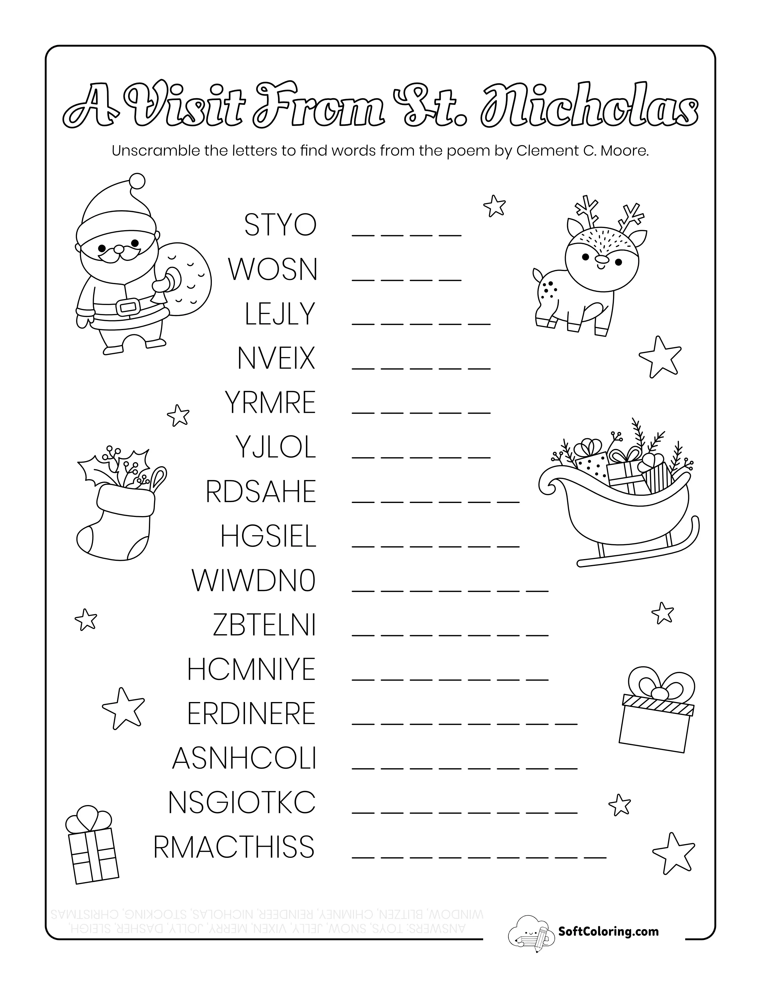 A Visit From St. Nicholas Christmas Word Scramble