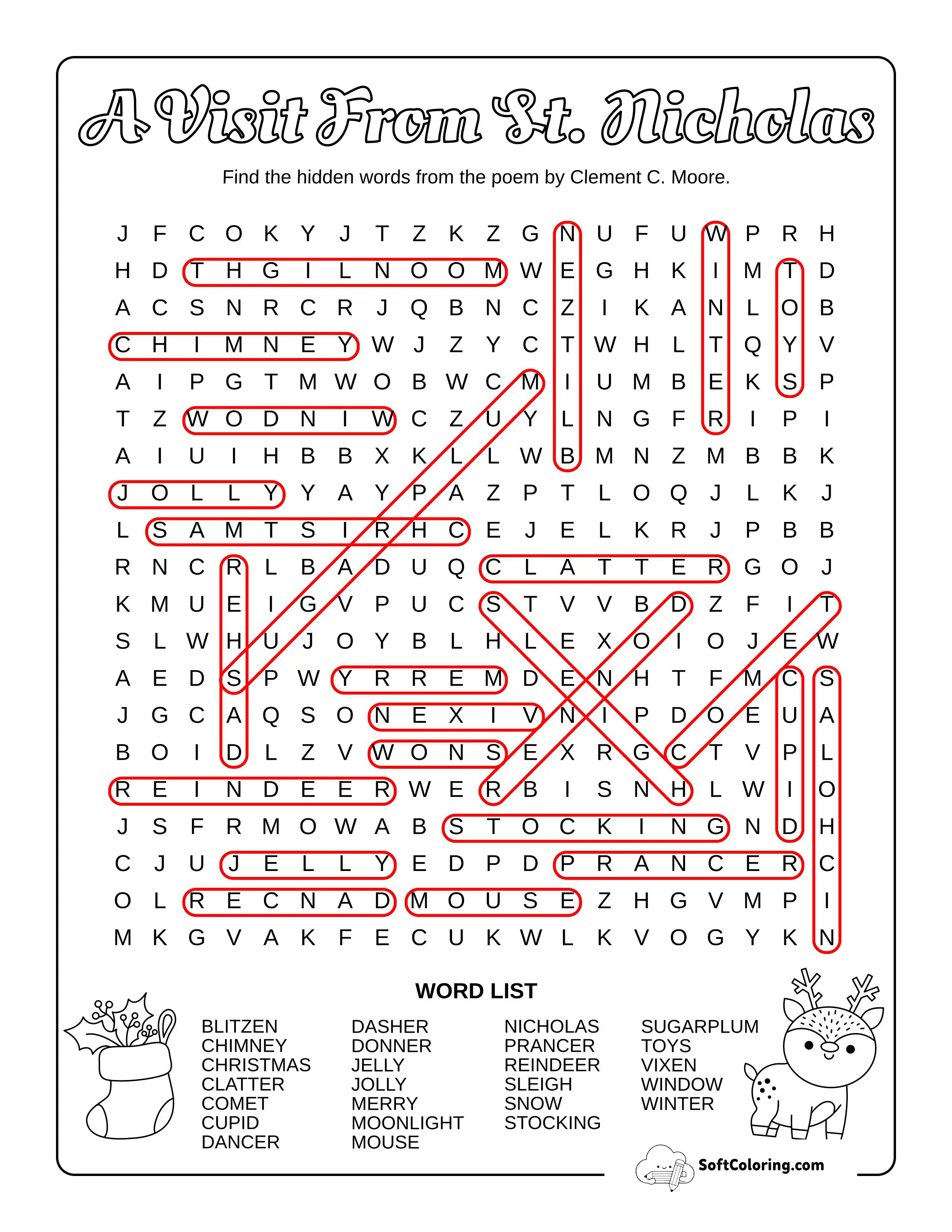 "Twas The Night Before Christmas" Word Search Answers