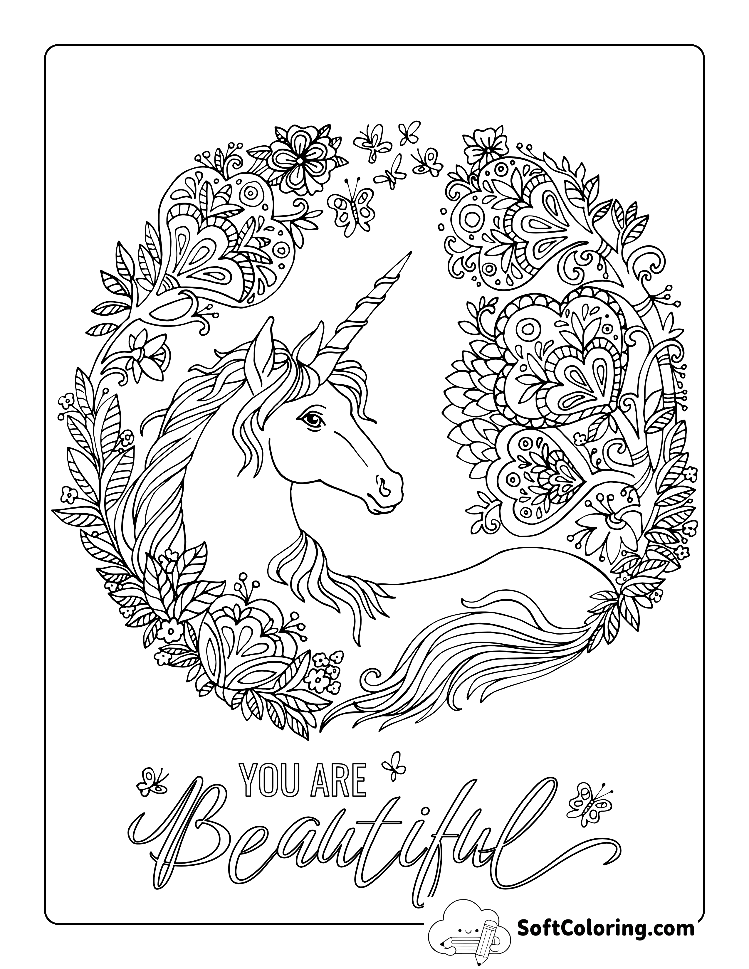"You are Beautiful" Unicorn Coloring Sheet for Teenagers
