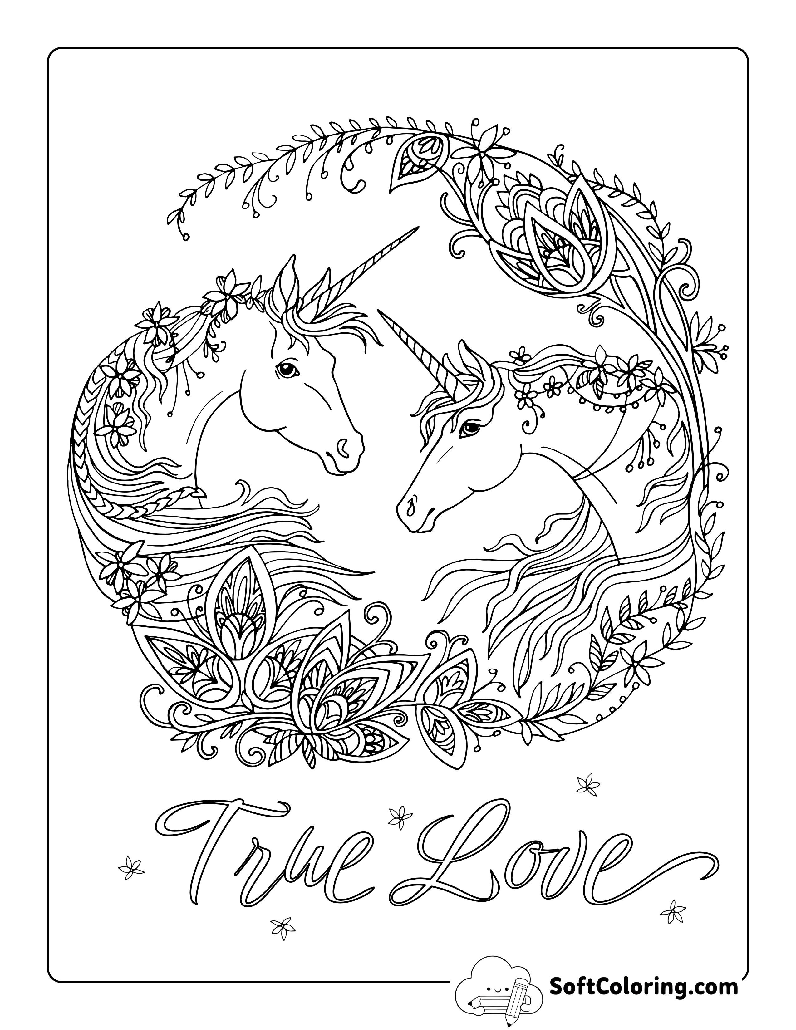 Unicorns and Flowers Coloring Page for Adults