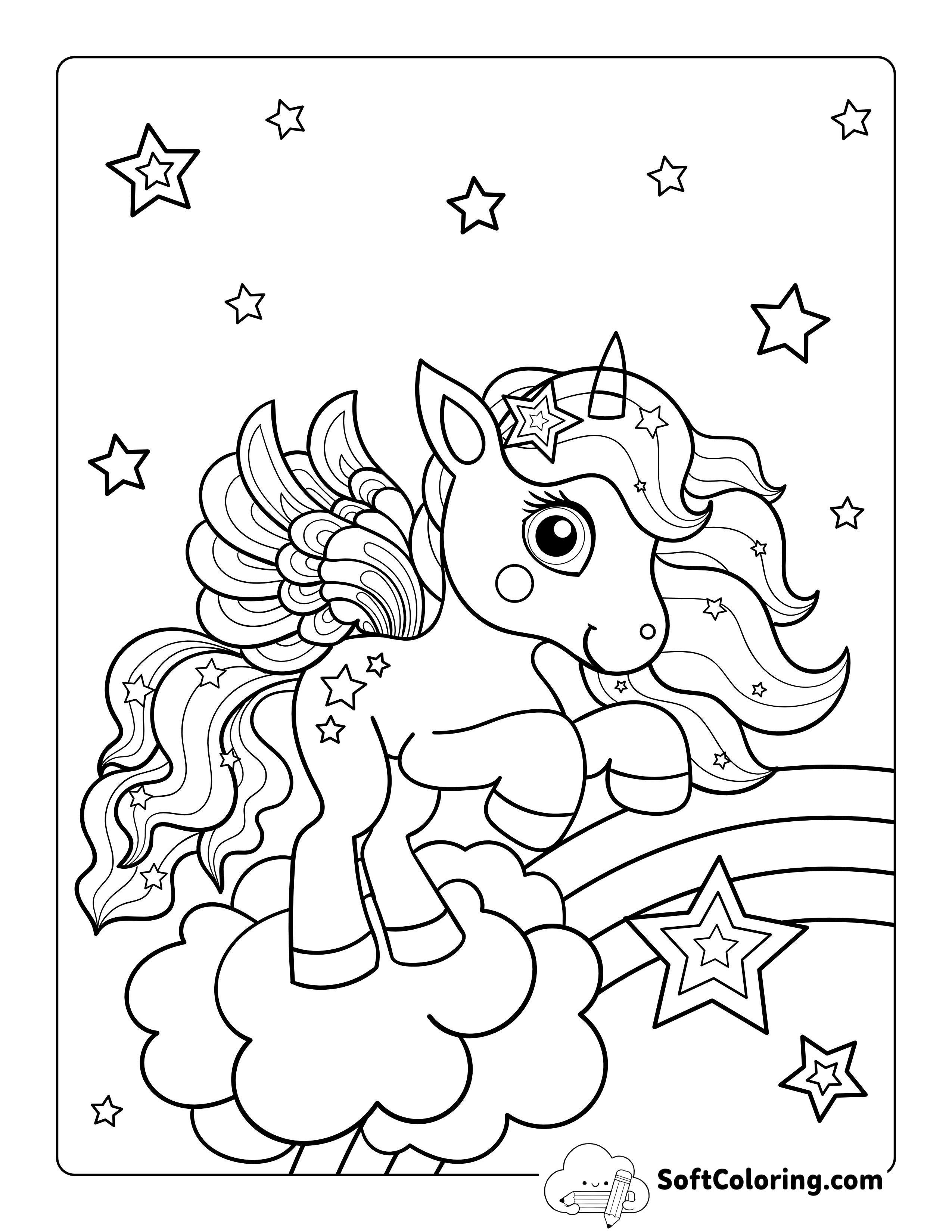 Baby Unicorn on Rainbow Coloring Page