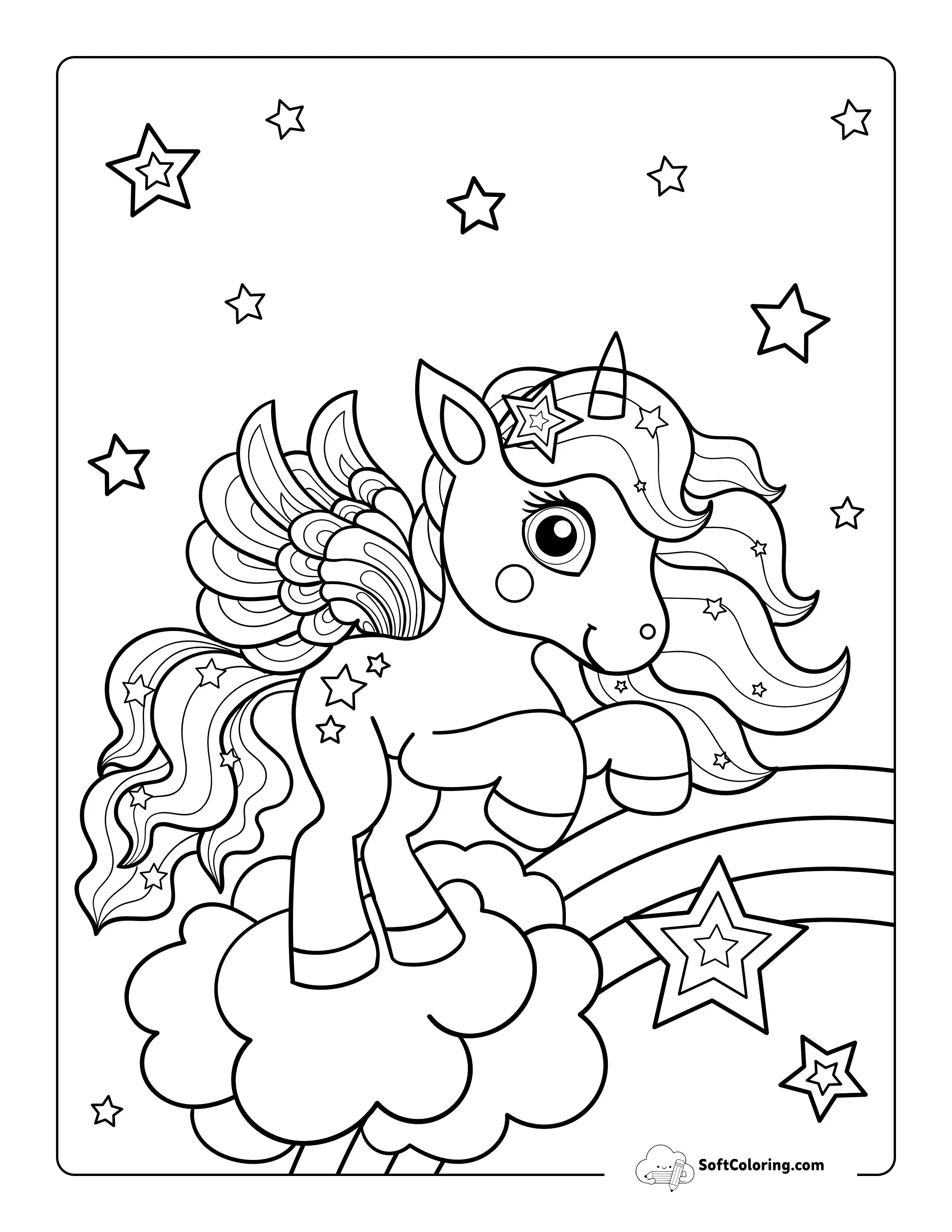 Baby Unicorn On Rainbow Coloring Page