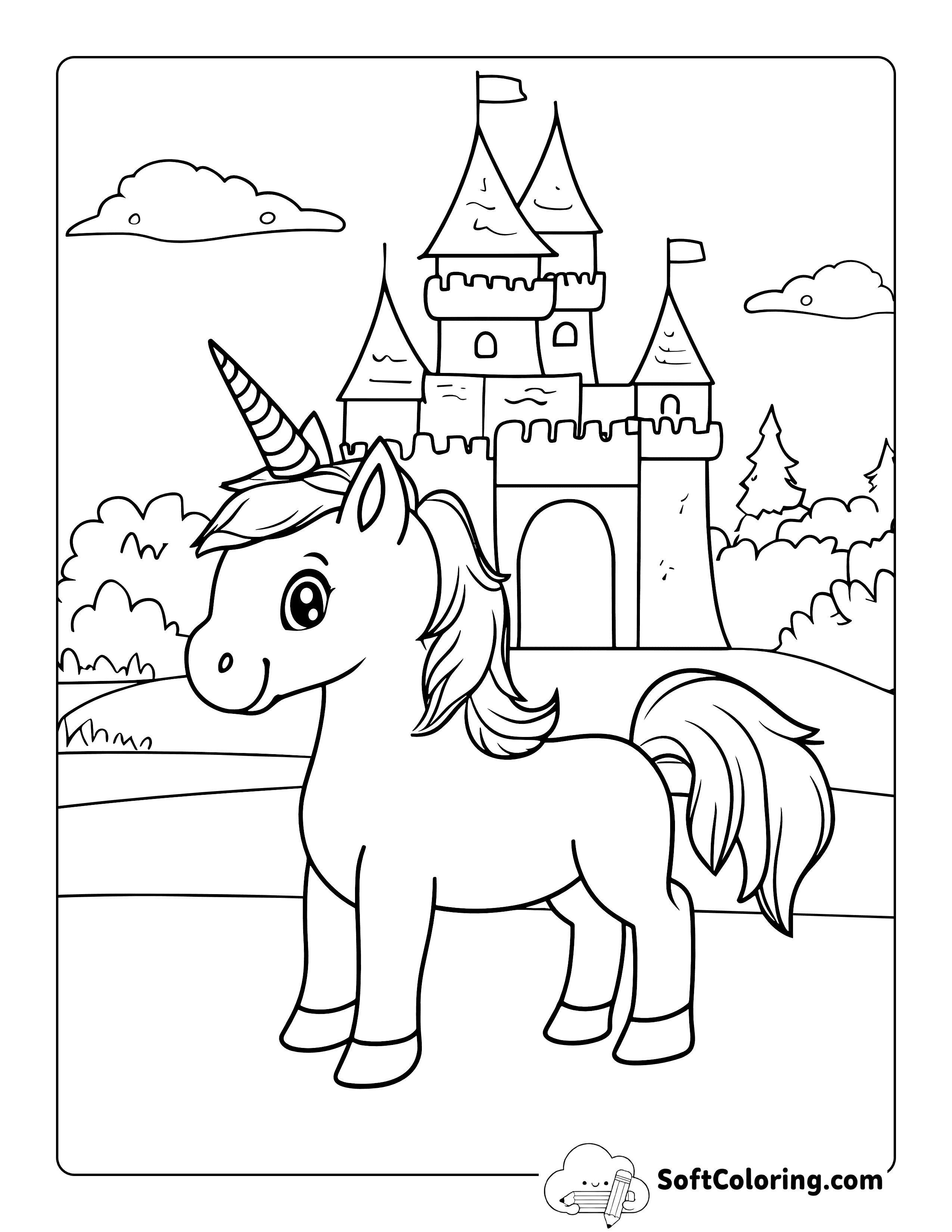 Cute Baby Unicorn Castle Coloring Page