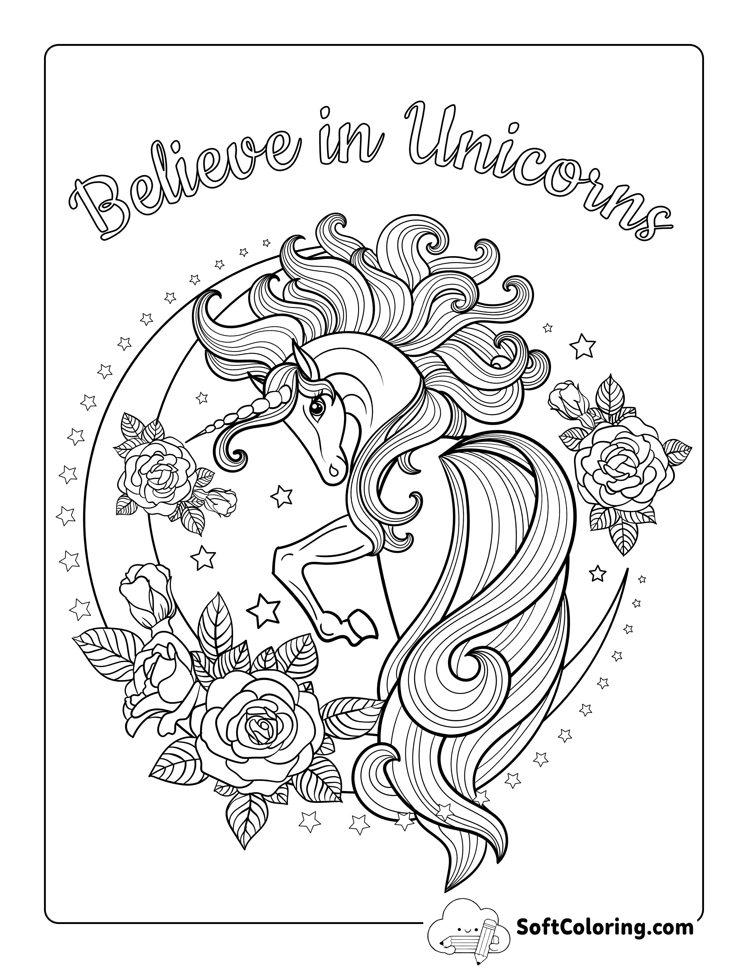 "Believe in Unicorns" Moon Coloring Page for Teens