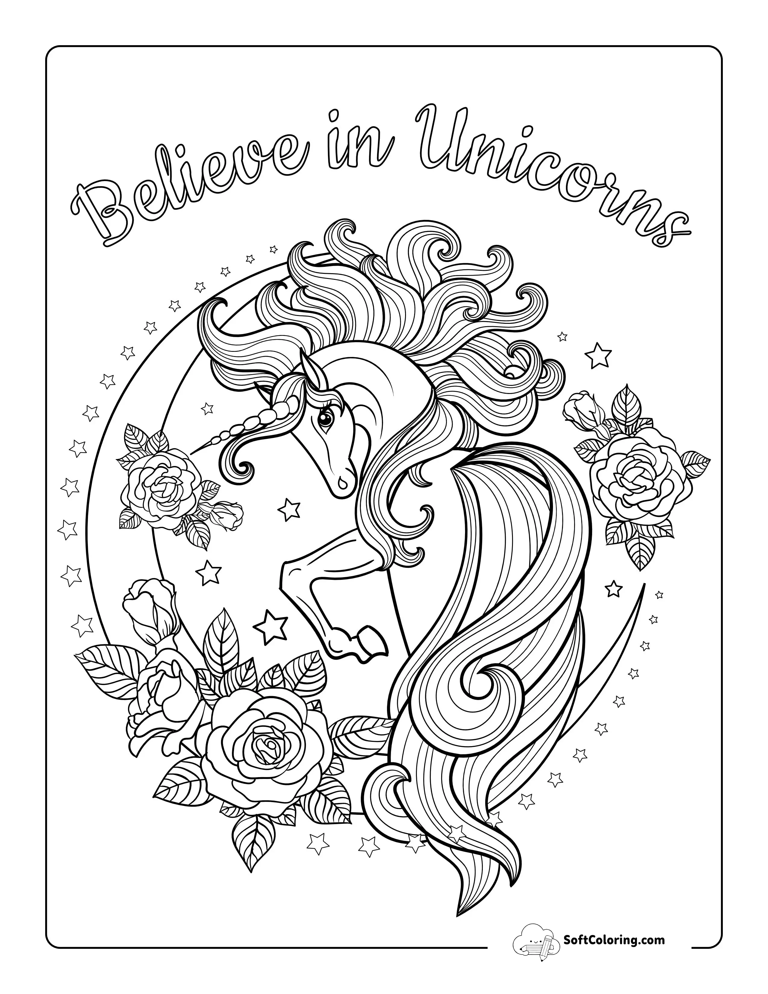 "Believe In Unicorns" Moon Coloring Page For Teens