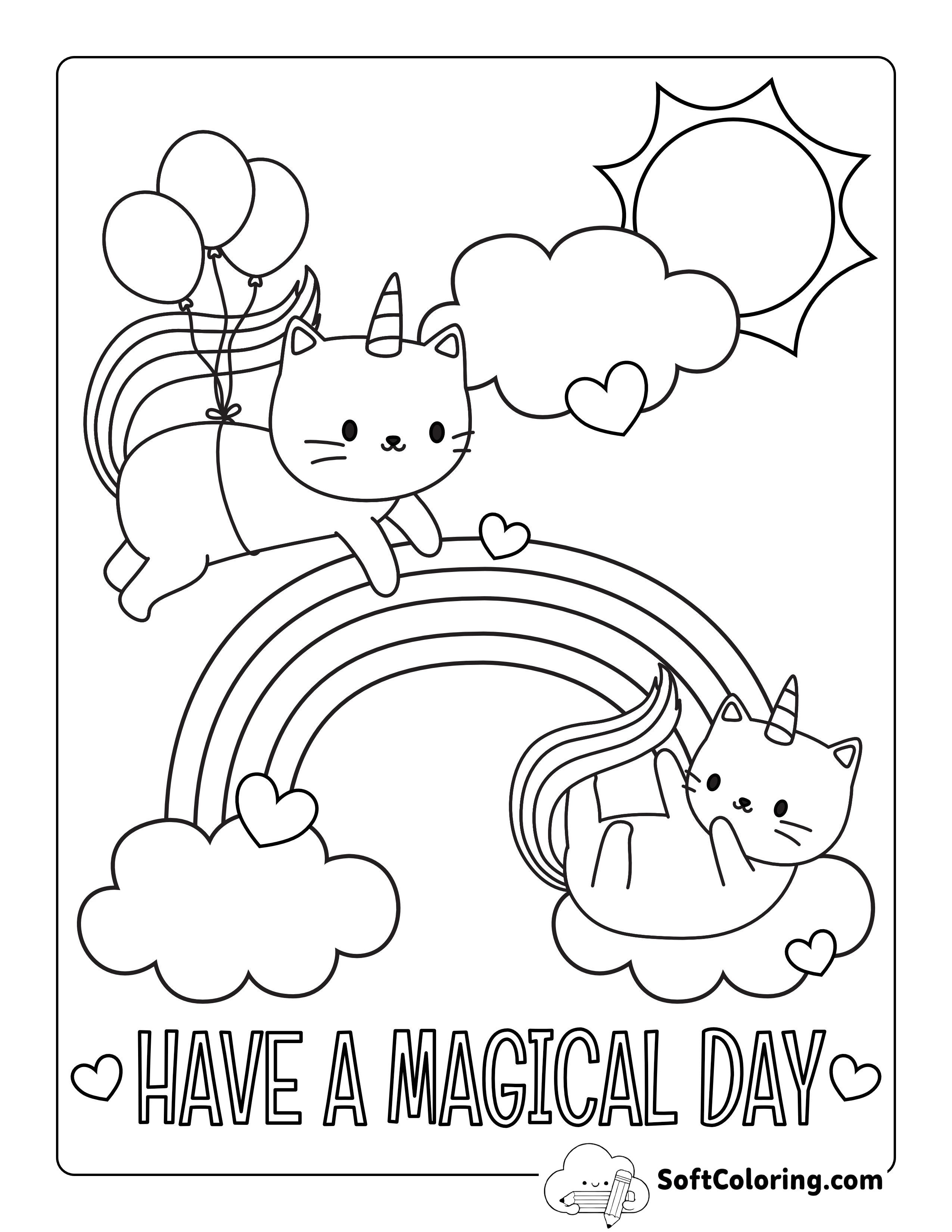 Cute Caticorns Playing in Clouds Coloring Page