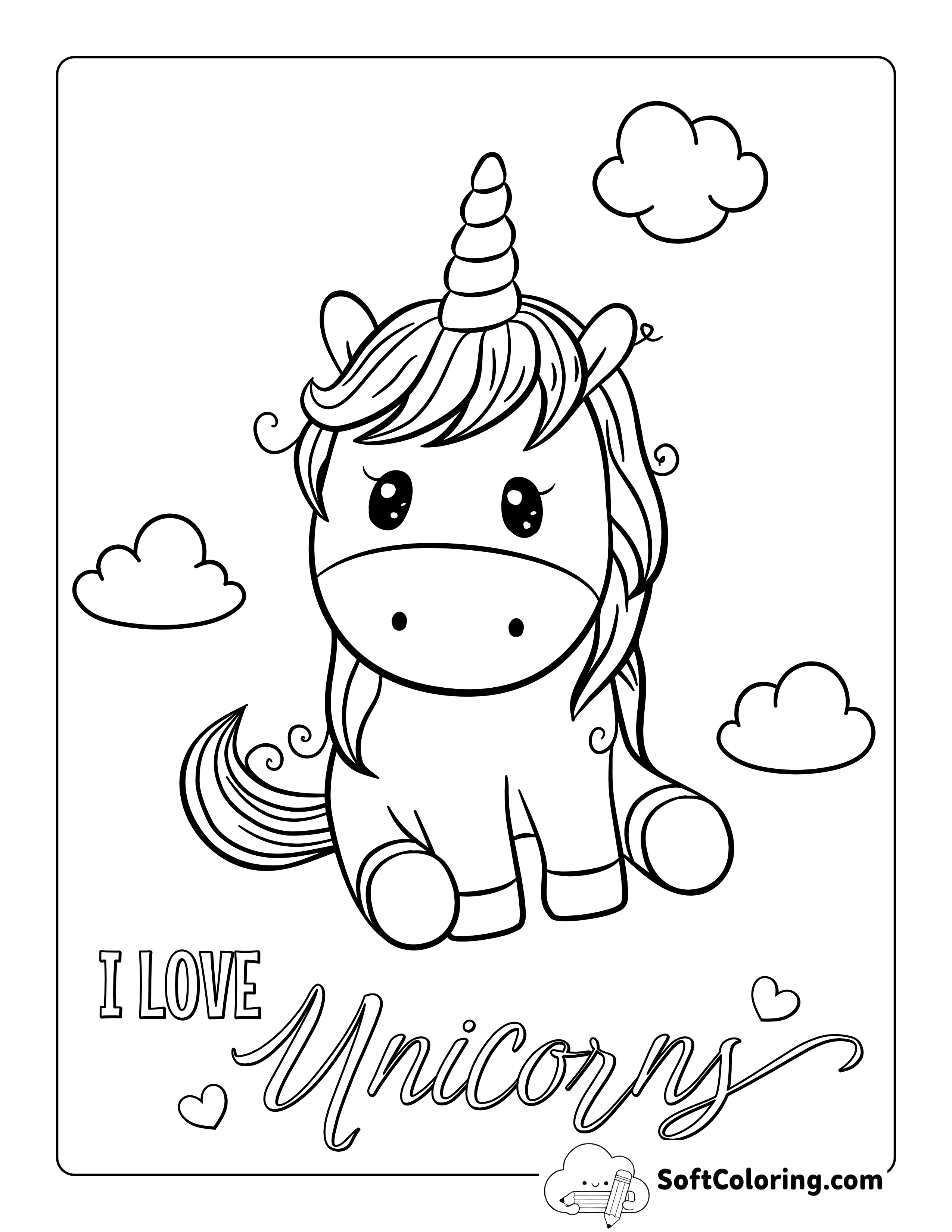 Cute Kawaii Baby Unicorn Coloring Page