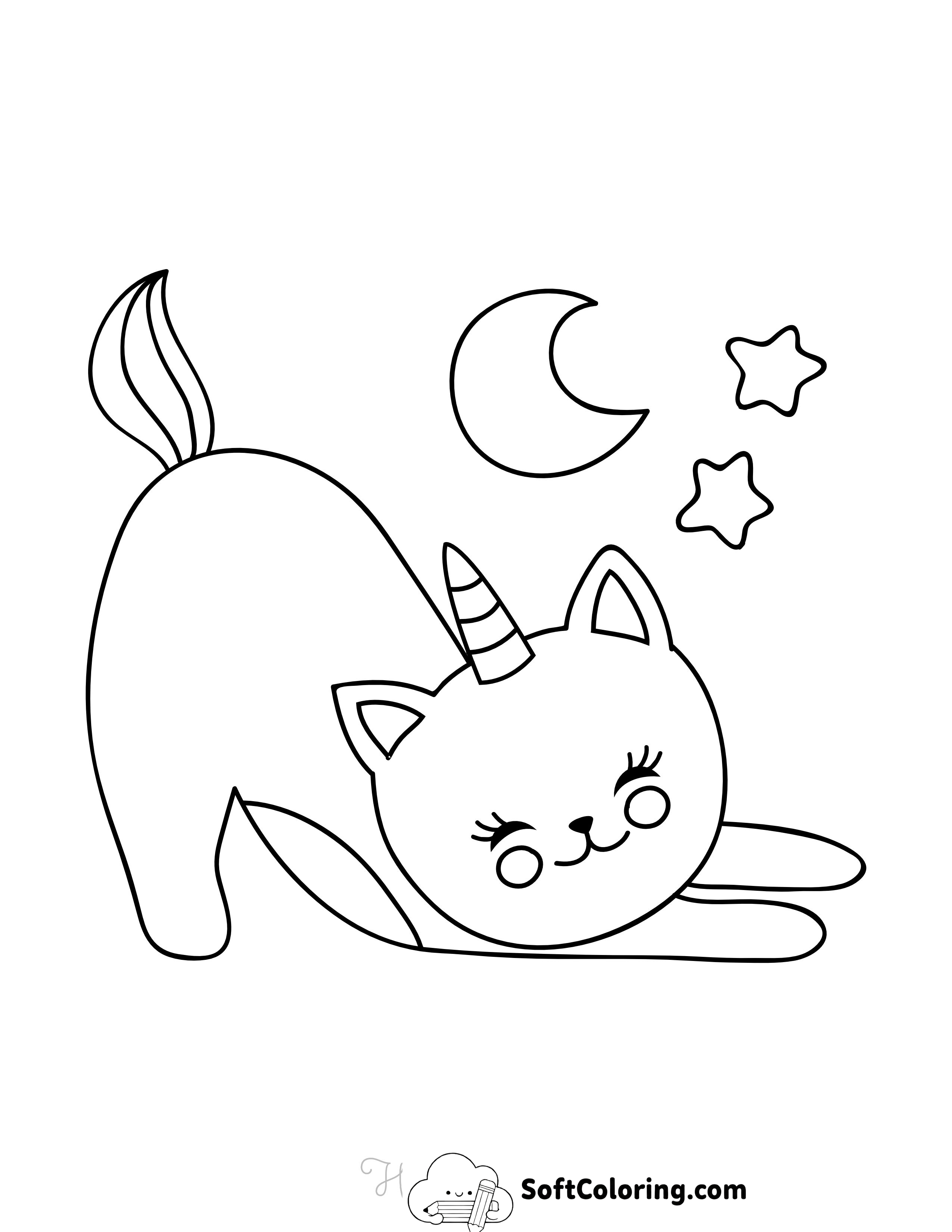 Sleepy Caticorn Kawaii Cat Coloring Page for Kids