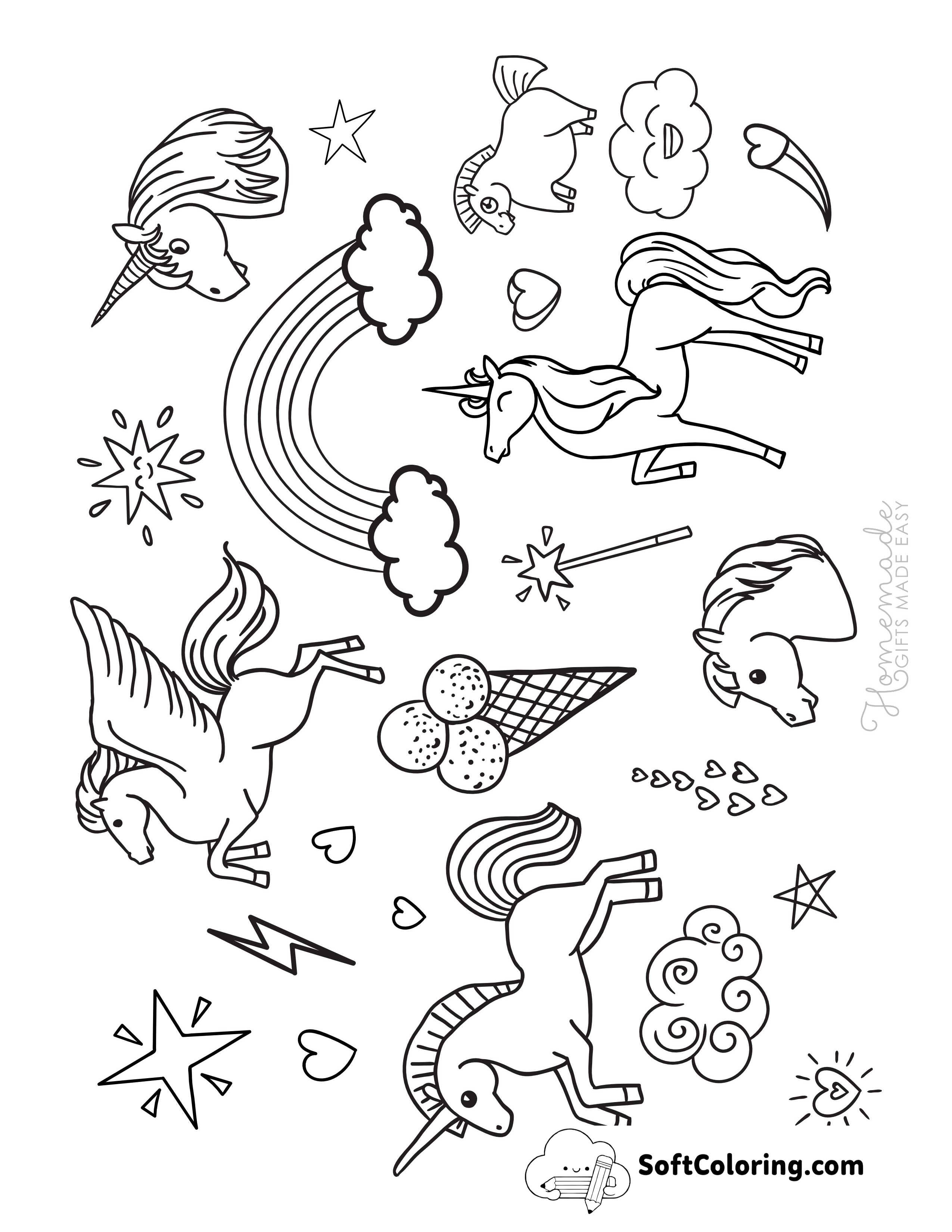 Unicorns Doodle Printable Coloring Page