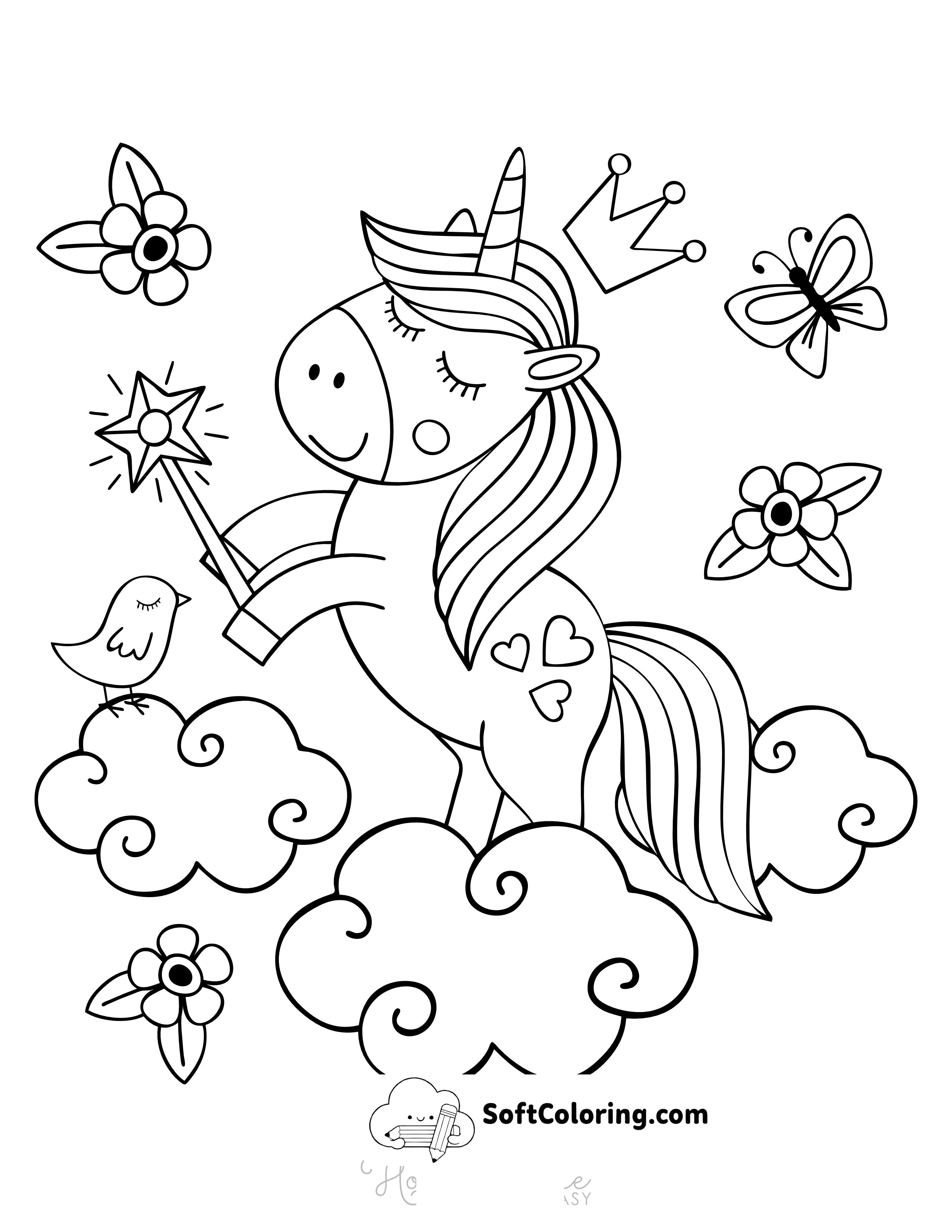 Cute Unicorn in the Clouds Coloring Page