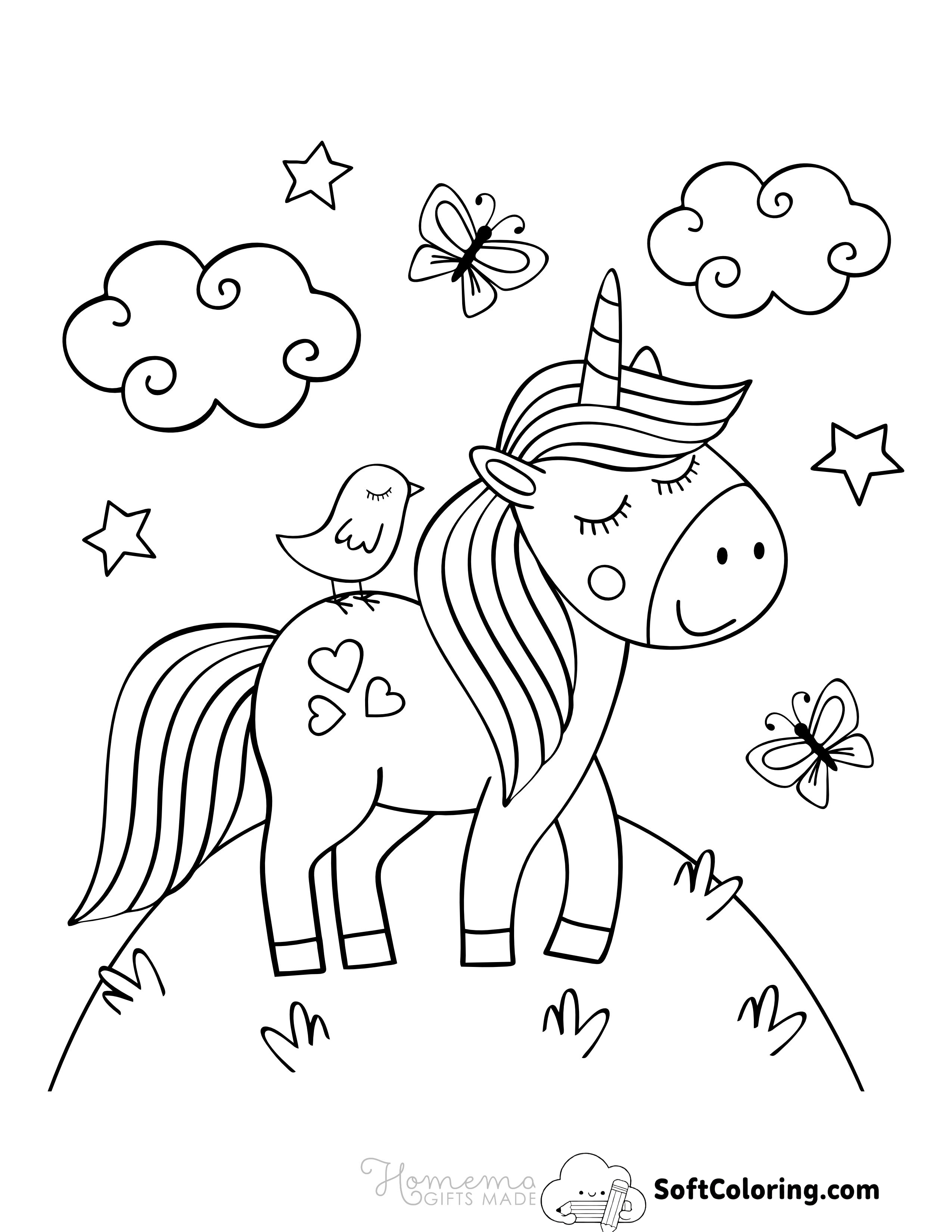 Cute Unicorn with Butterflies Coloring Page