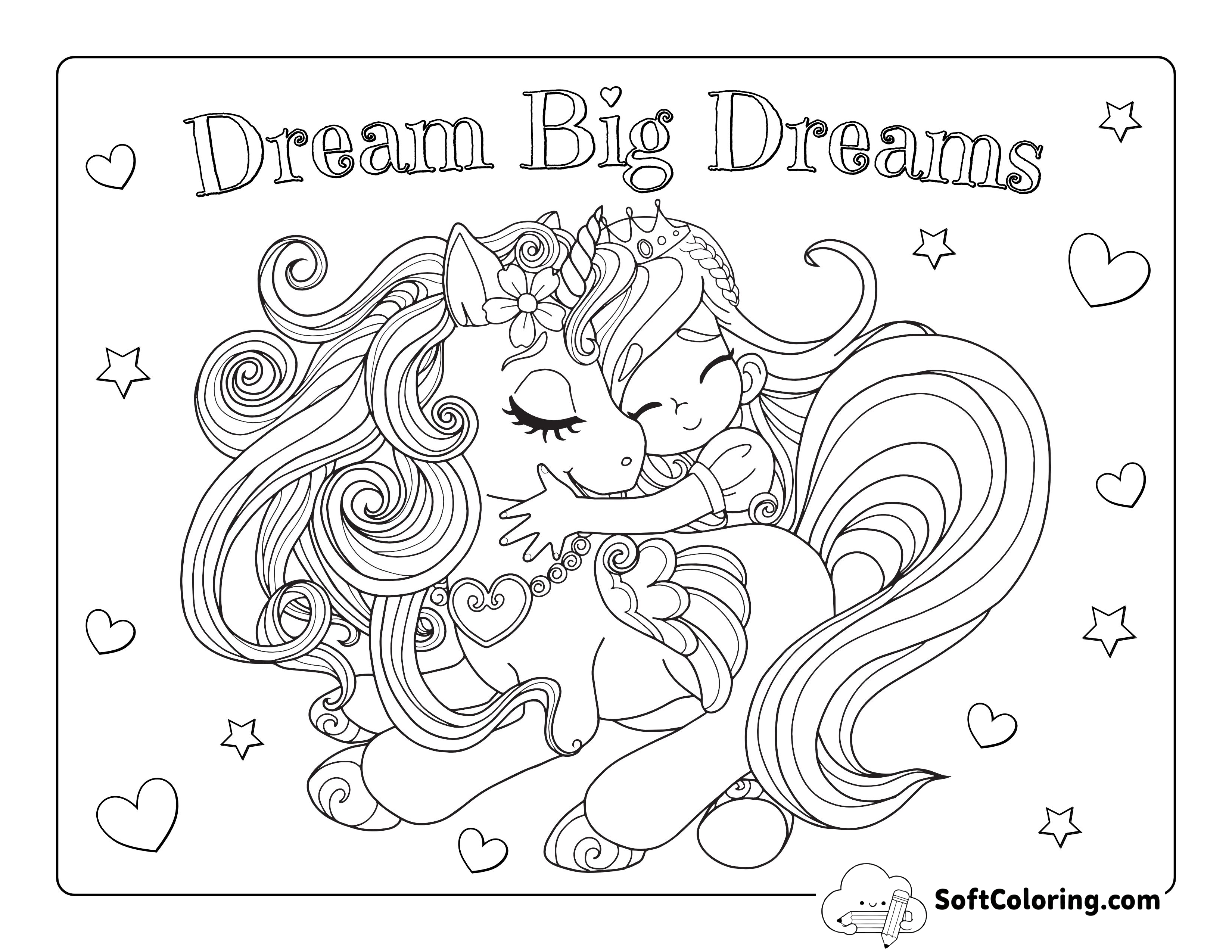 Girl Hugging Unicorn Color page