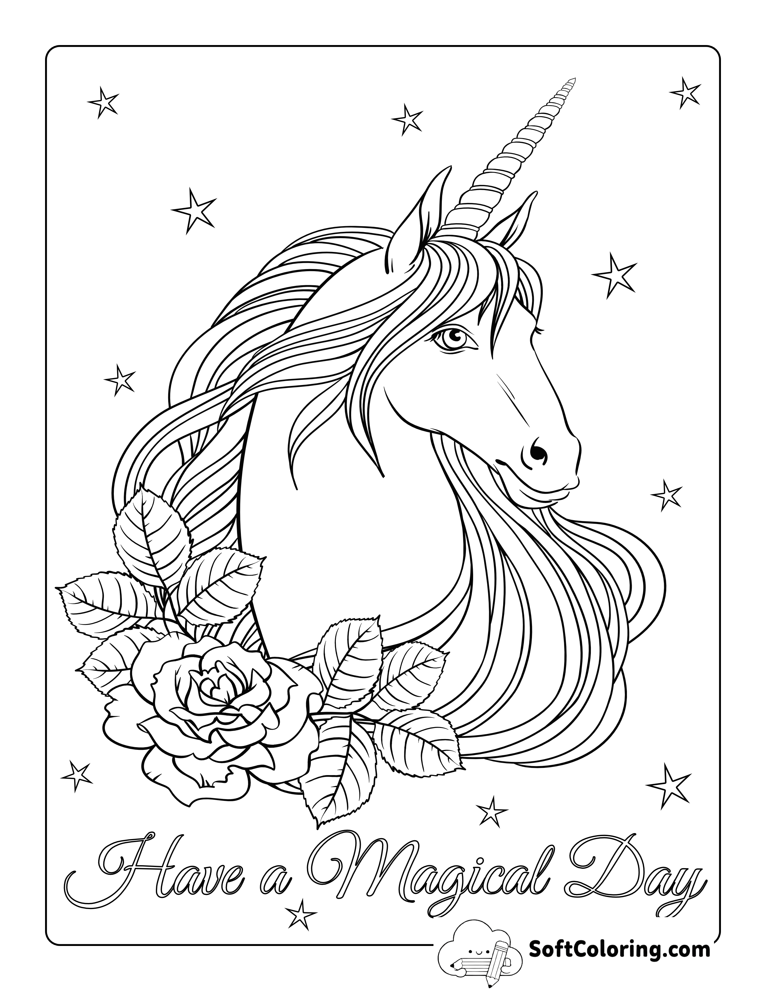 Flowing Mane & Roses Unicorn Coloring Page
