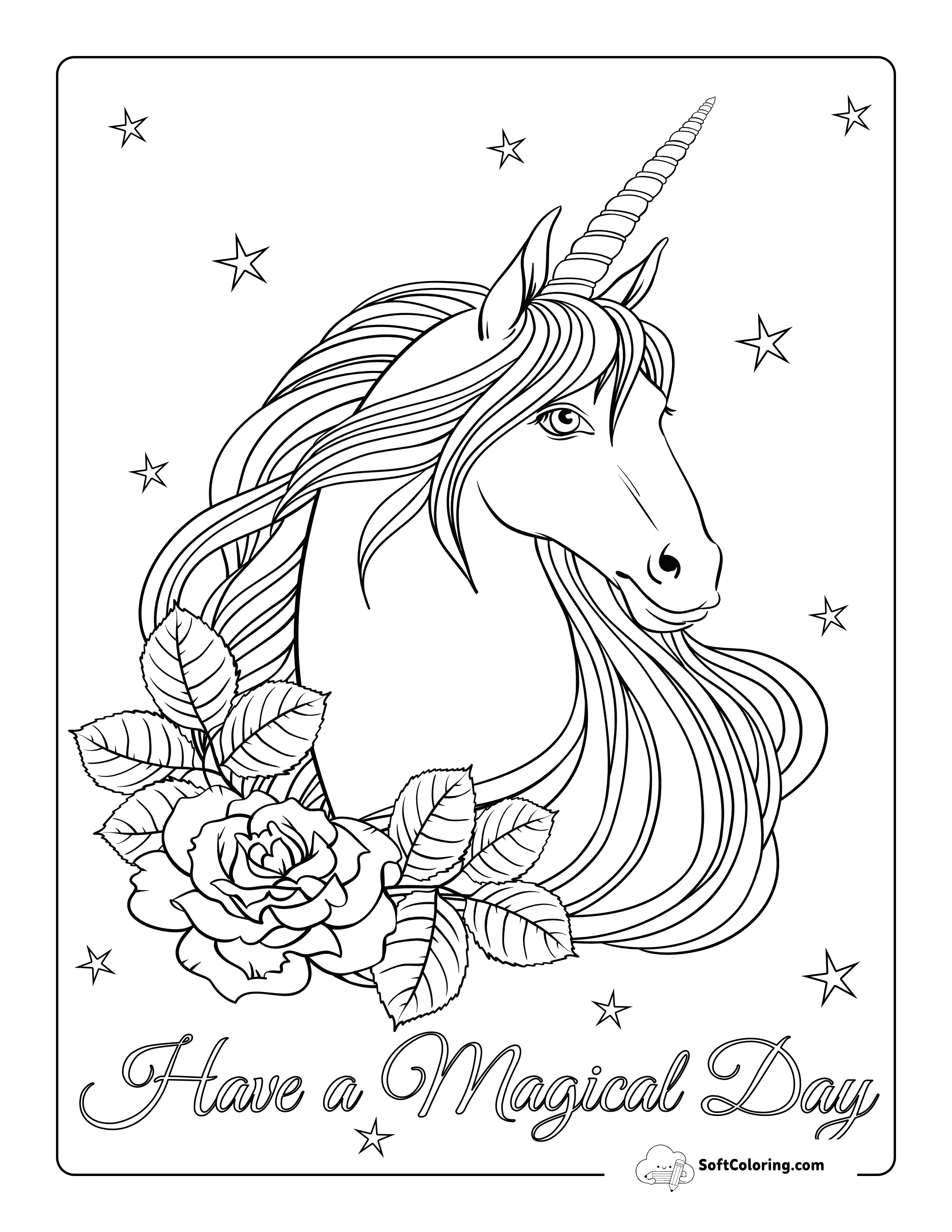 Flowing Mane & Roses Unicorn Coloring Page