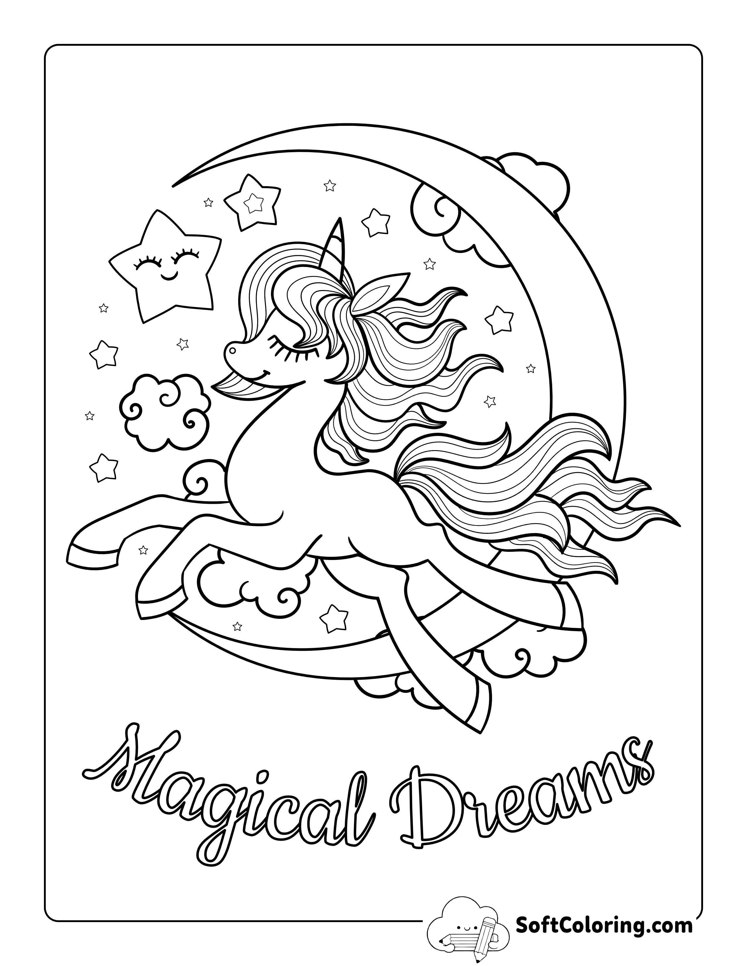 "Magical Dreams" Unicorn Moon Coloring Page