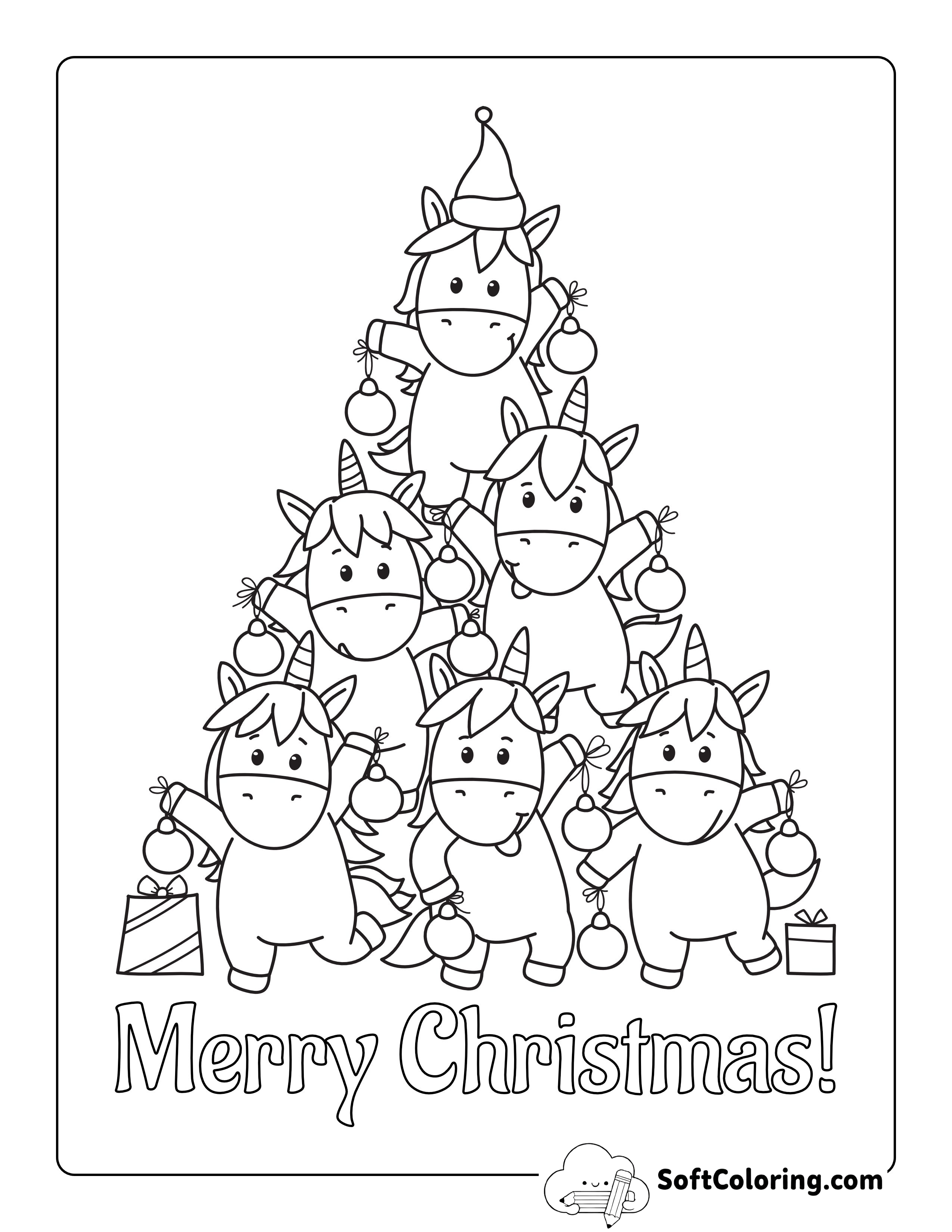 Unicorn Christmas Tree Coloring Page for Teens