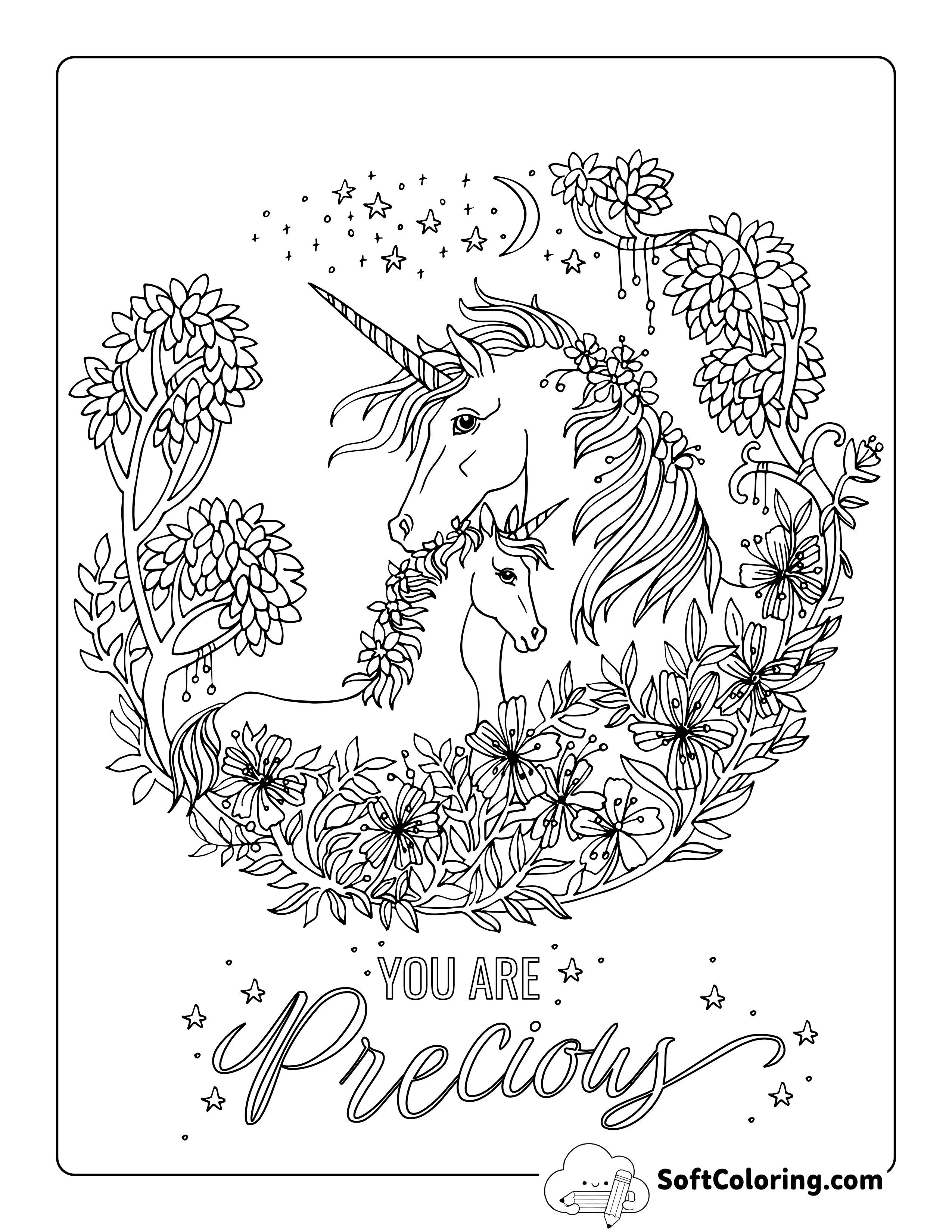 Mother & Baby Unicorn Adult Coloring Page