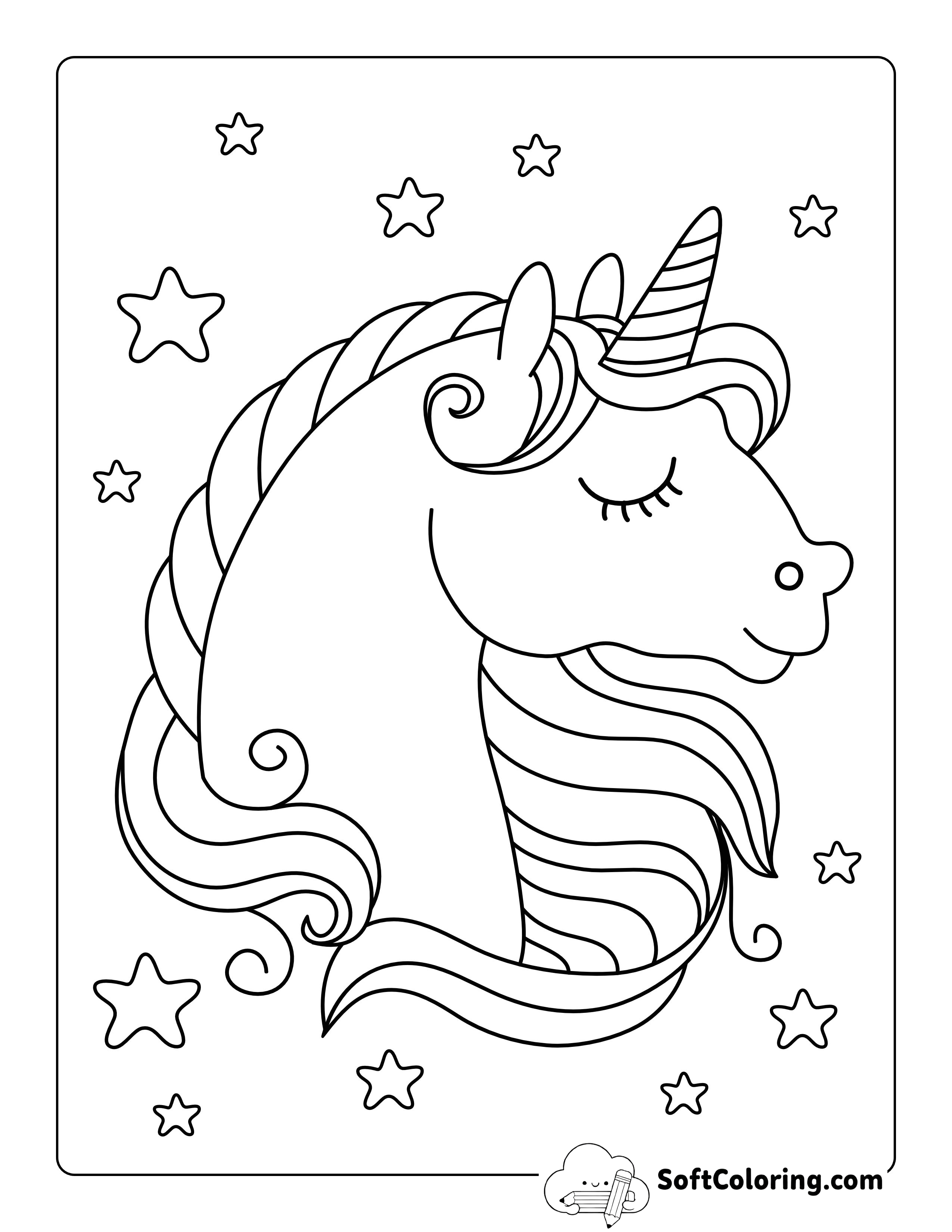 Unicorn Head and Stars Coloring Page
