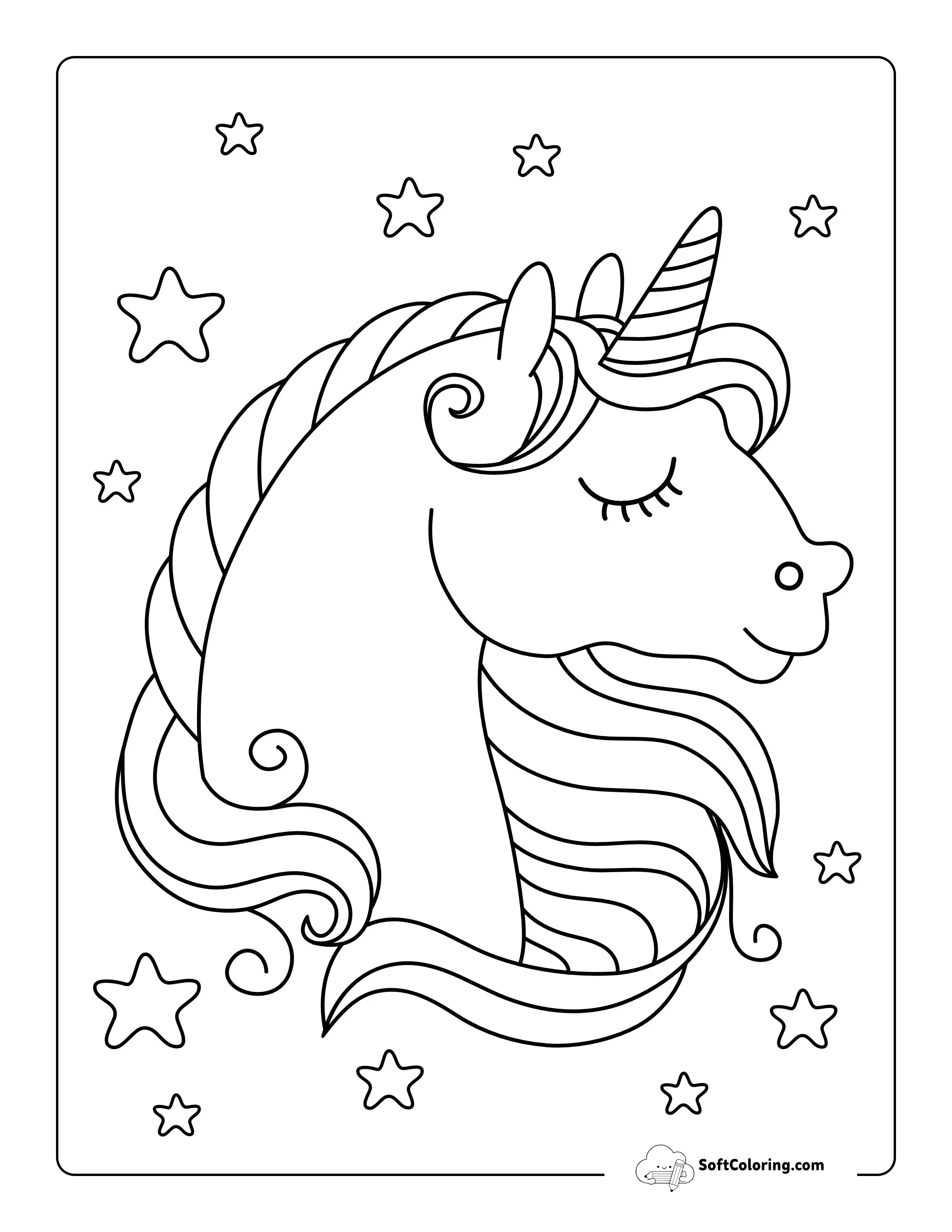 Unicorn Head And Stars Coloring Page
