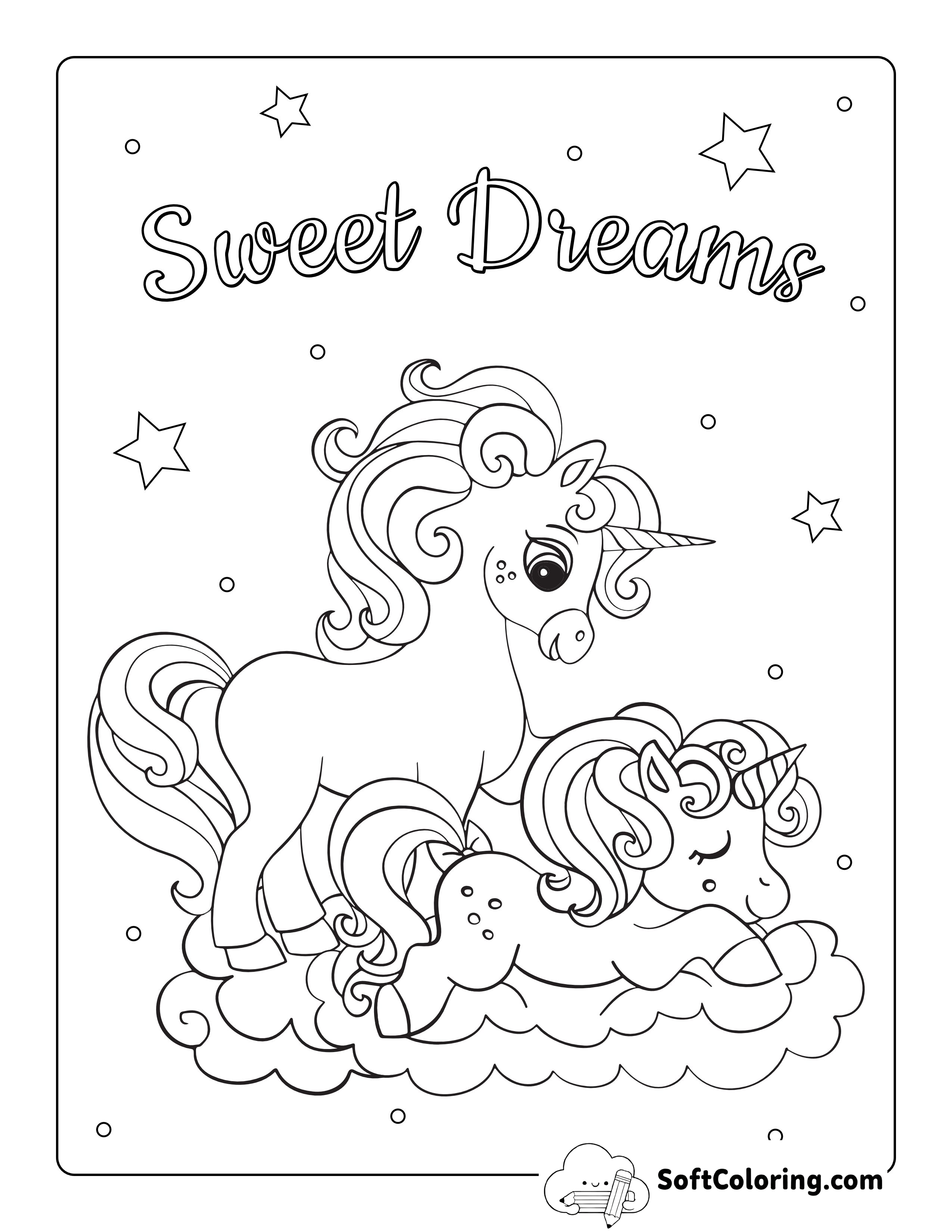 Sweet Dreams Baby Unicorn Coloring Page