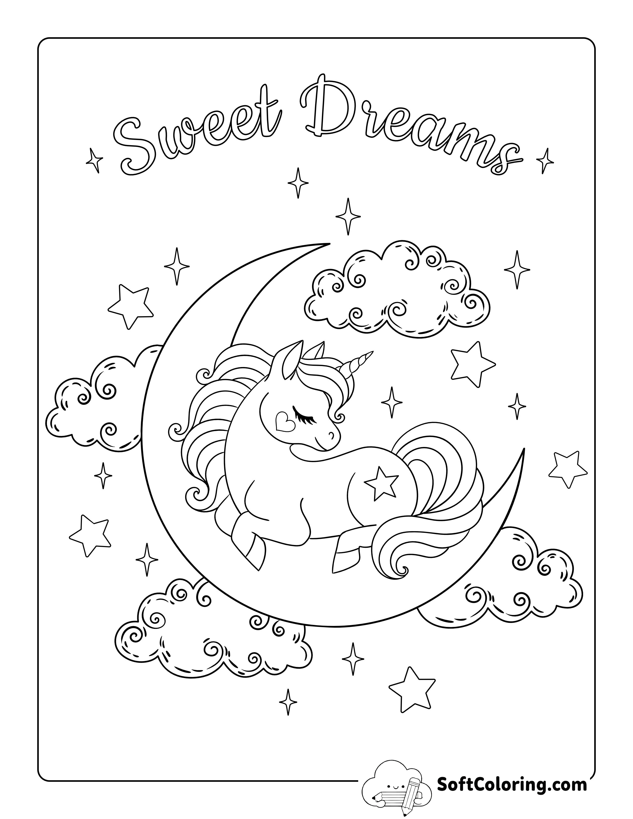 Moon and Clouds Unicorn Coloring Sheet