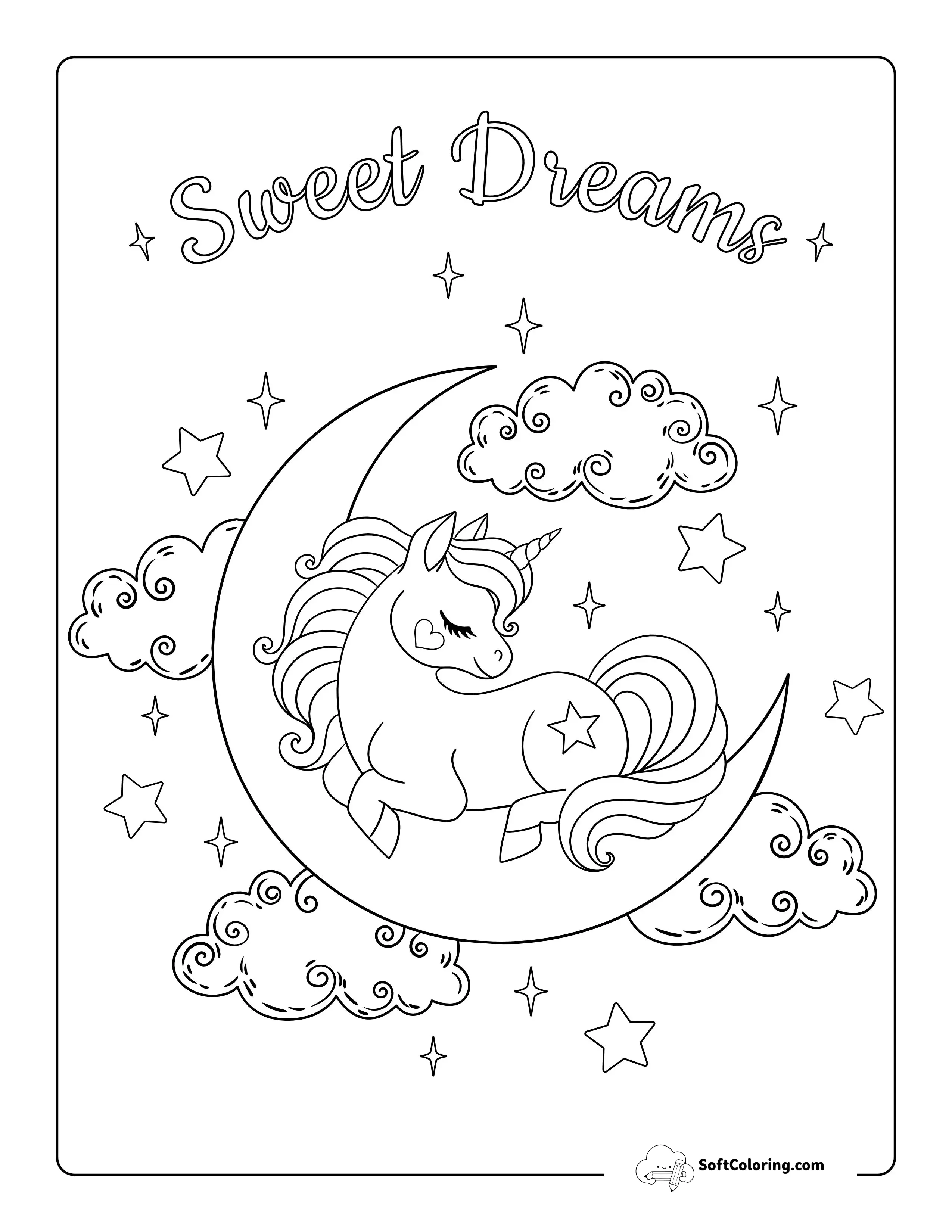 Moon And Clouds Unicorn Coloring Sheet