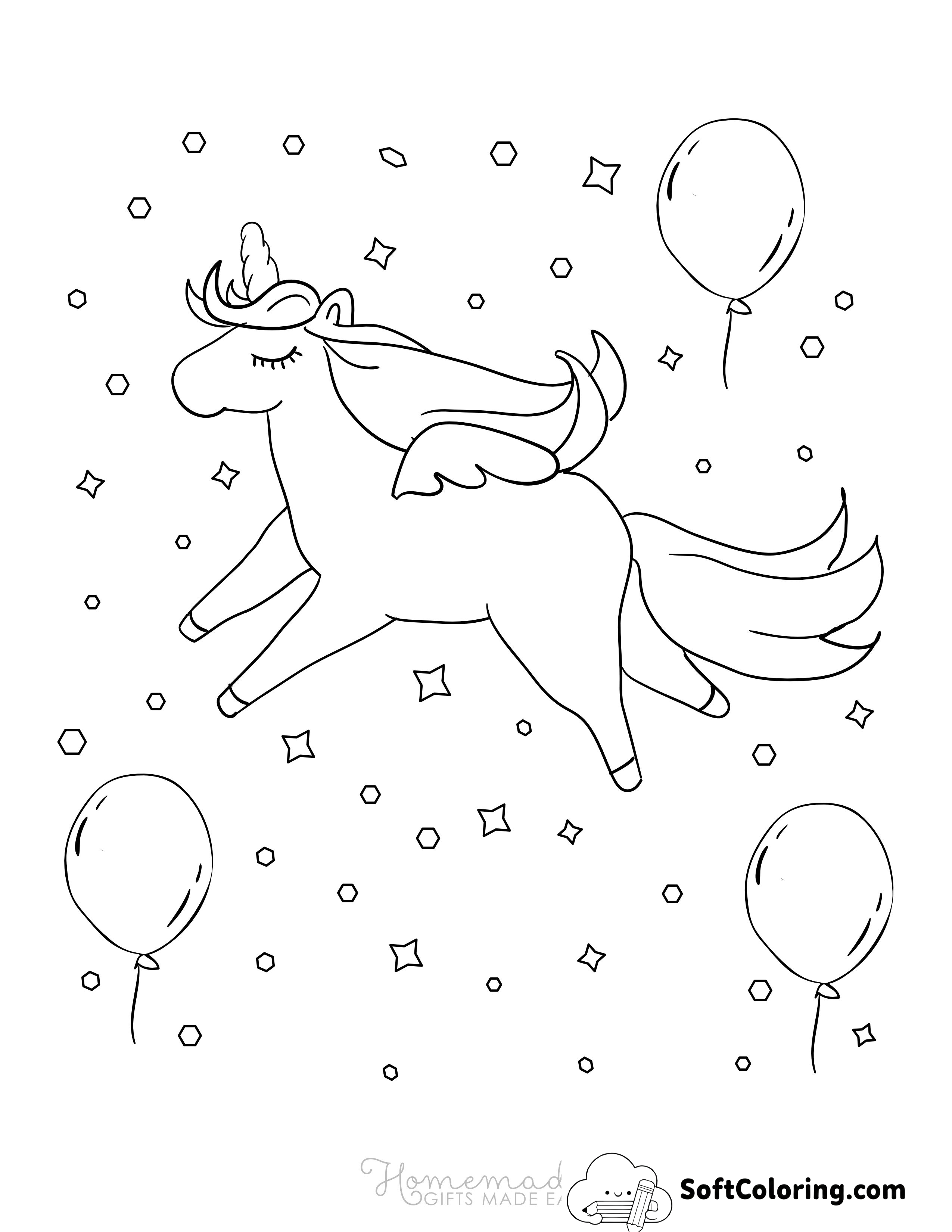 Unicorn with Balloons Coloring Sheet