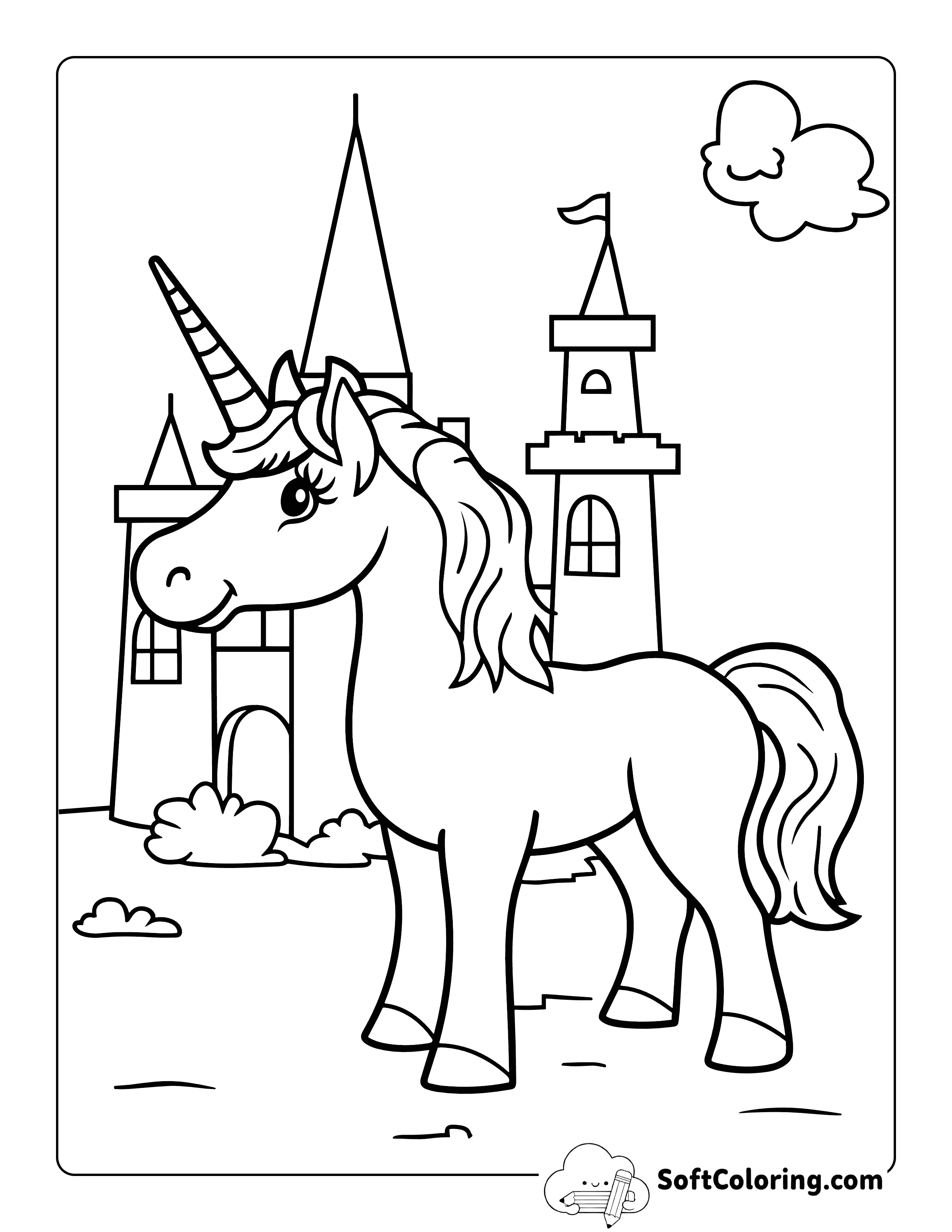 Cute Unicorn Castle Coloring Page