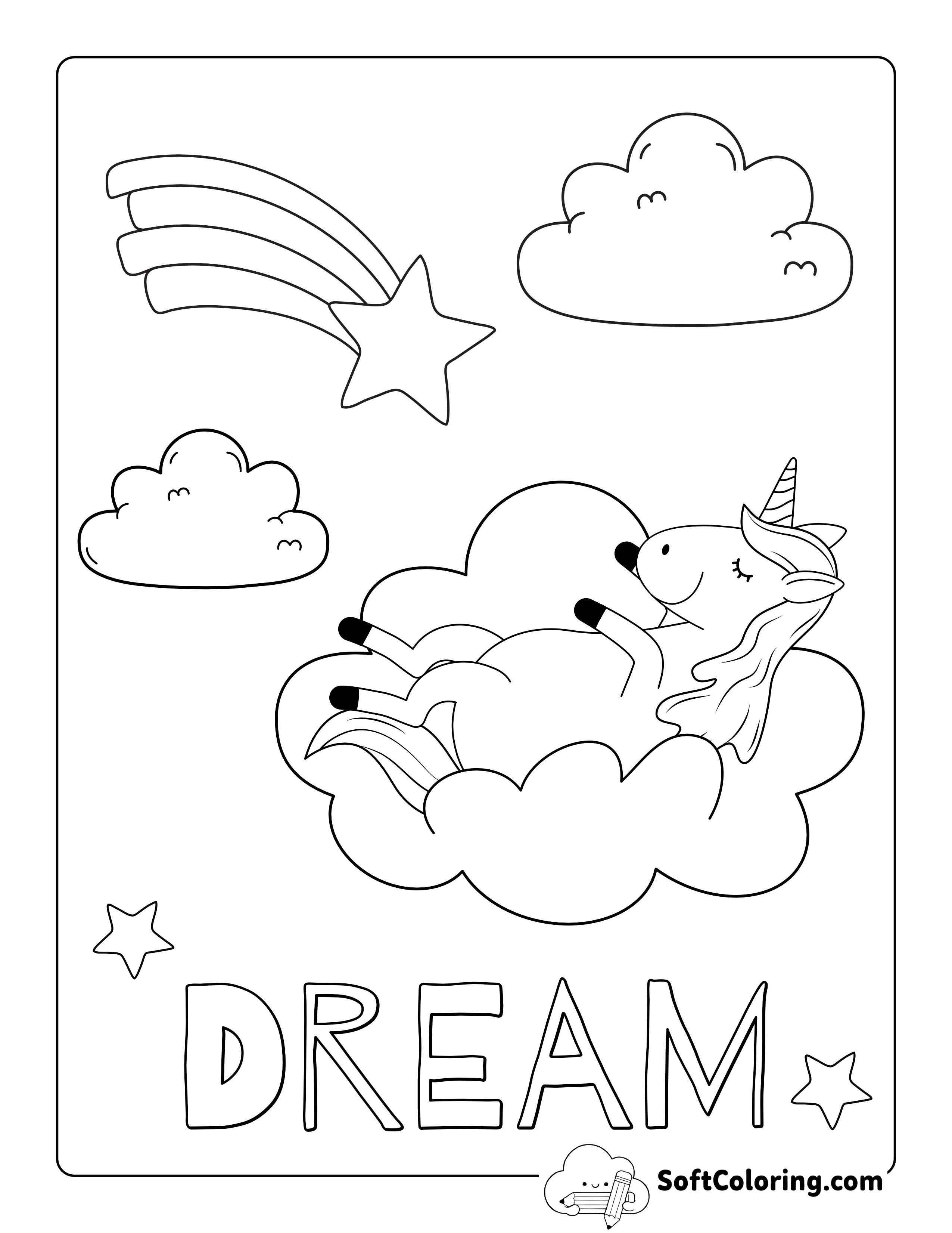 Unicorn Resting on Cloud Coloring Page