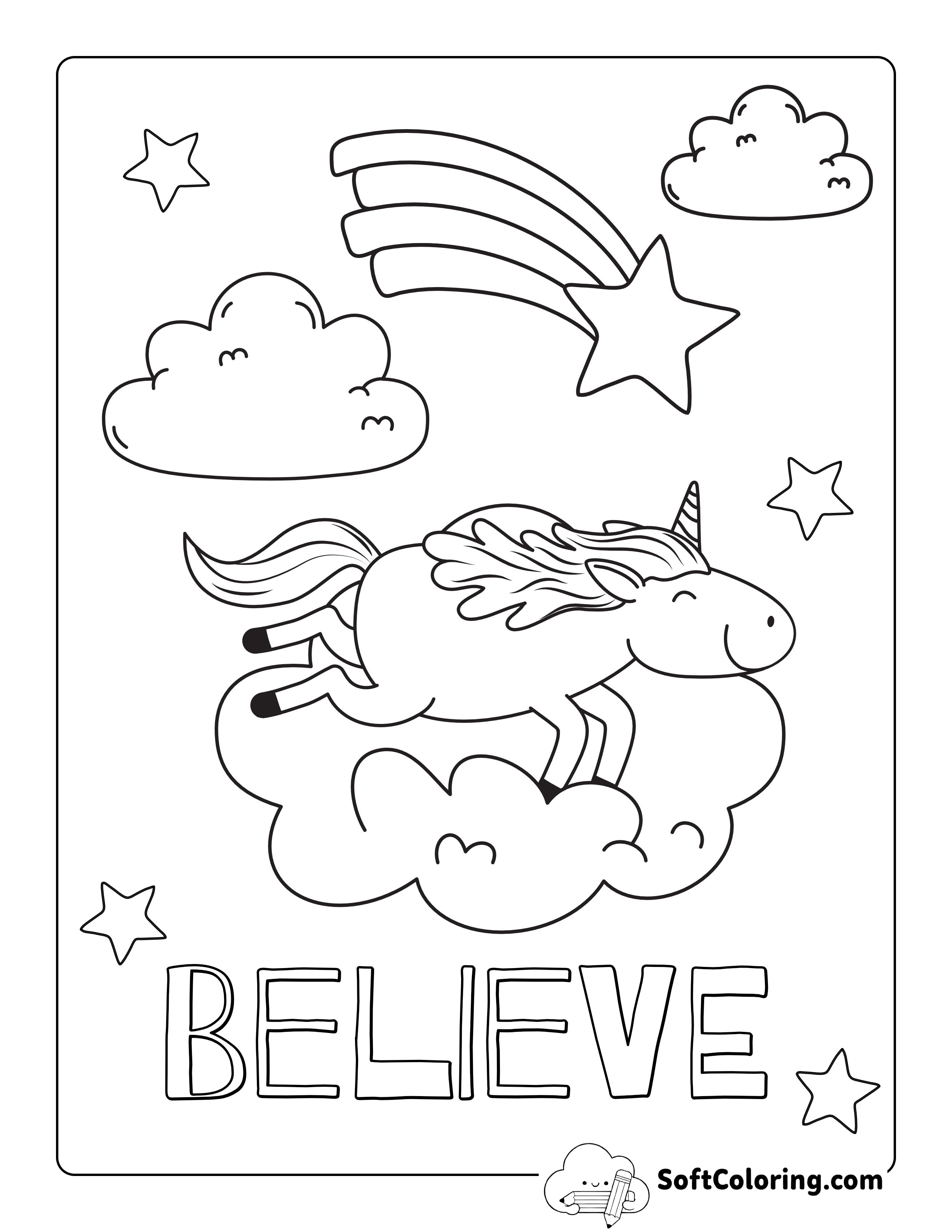 Cute Unicorn Riding on a Cloud Coloring Page