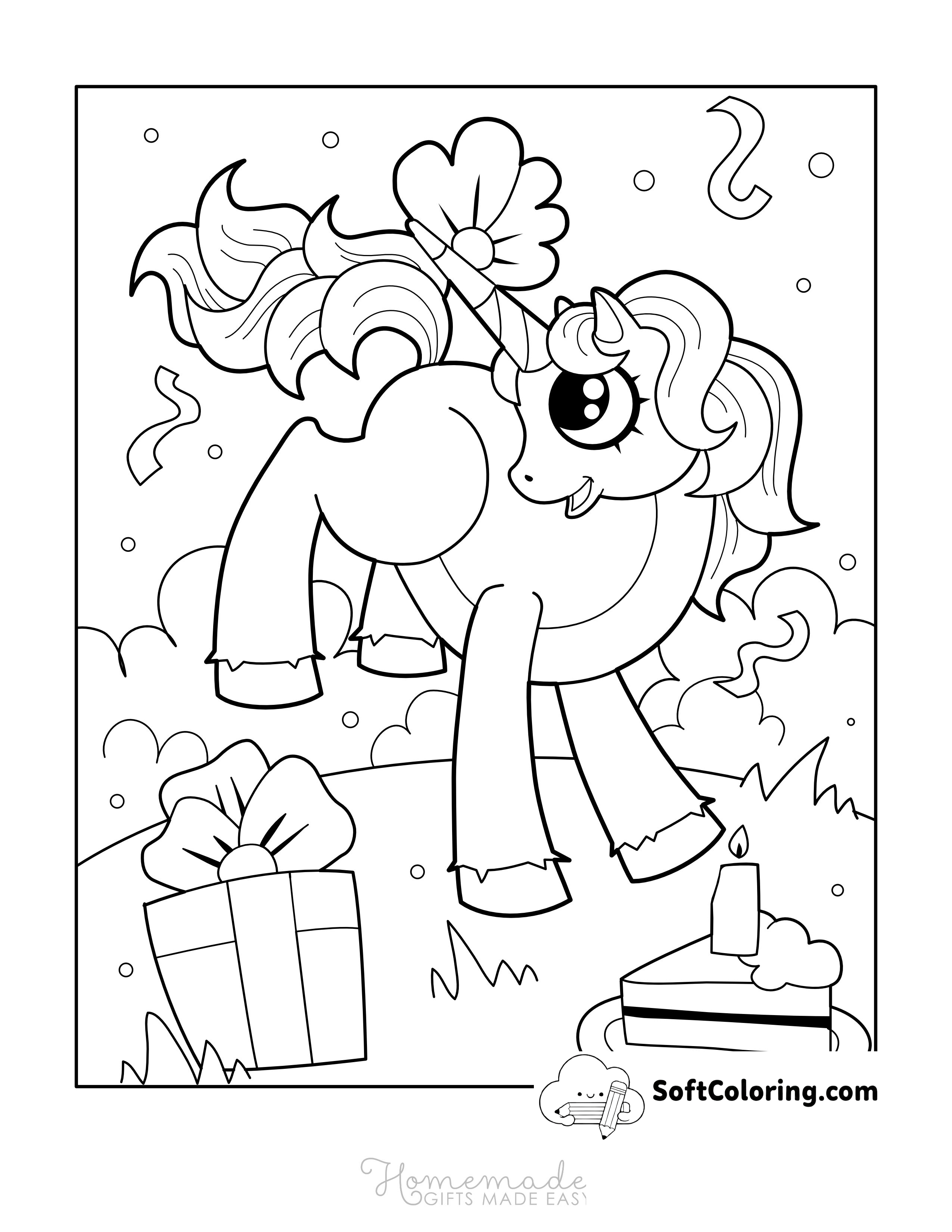 Birthday Unicorn Coloring Page