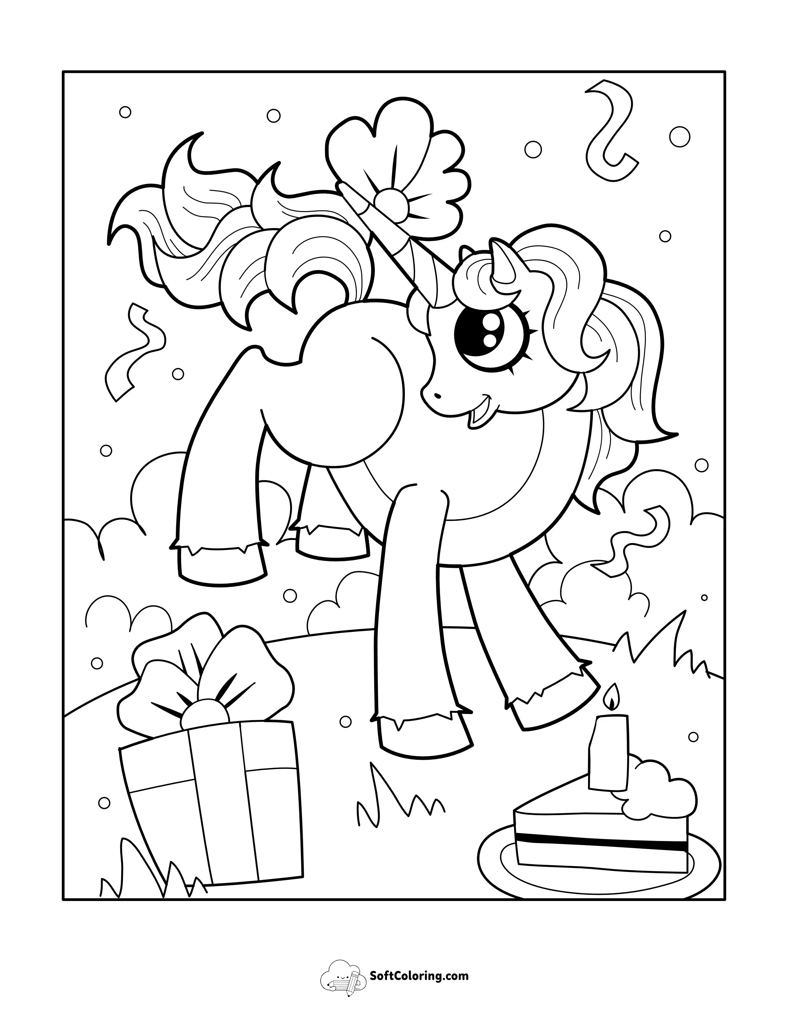 Birthday Unicorn Coloring Page