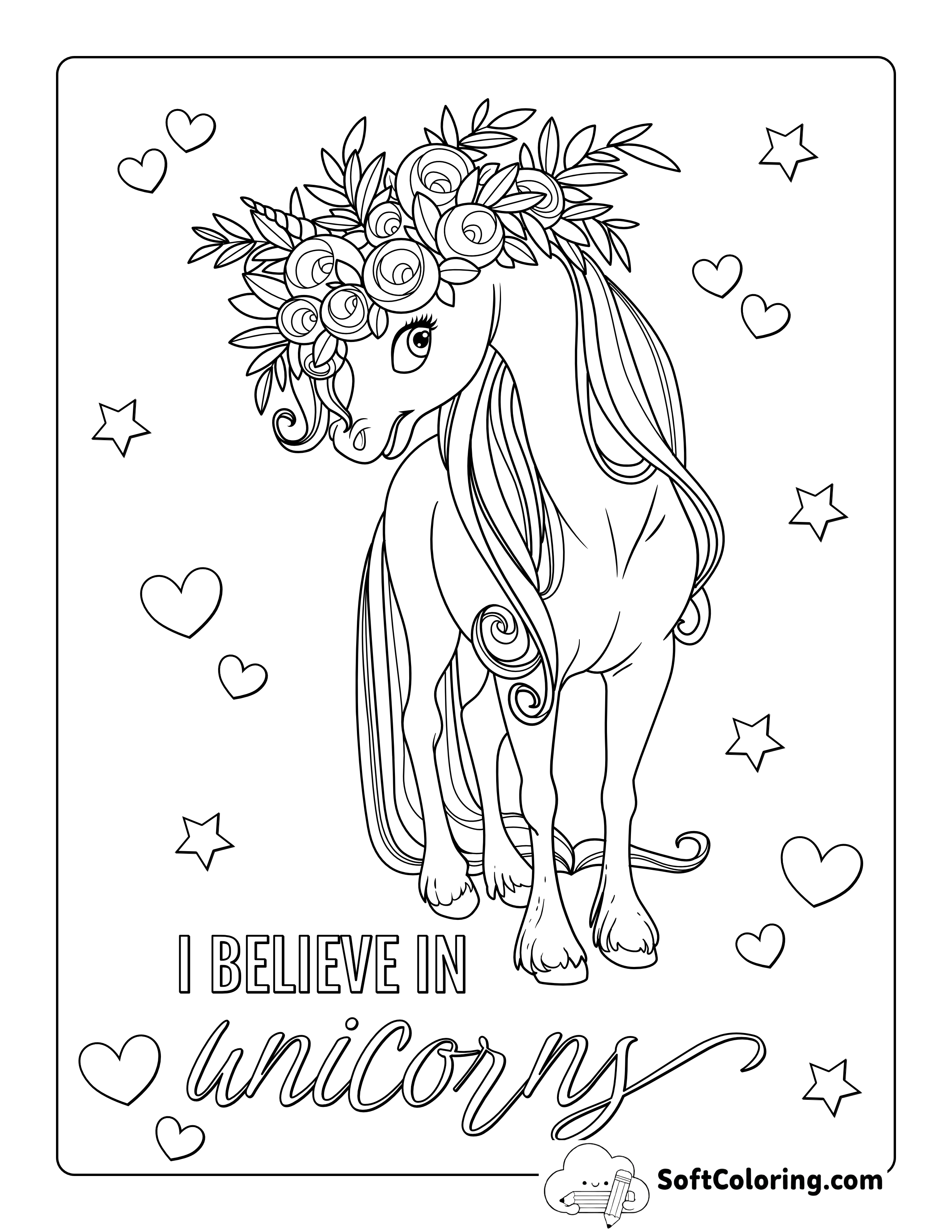 Unicorn and Flowers Coloring Page